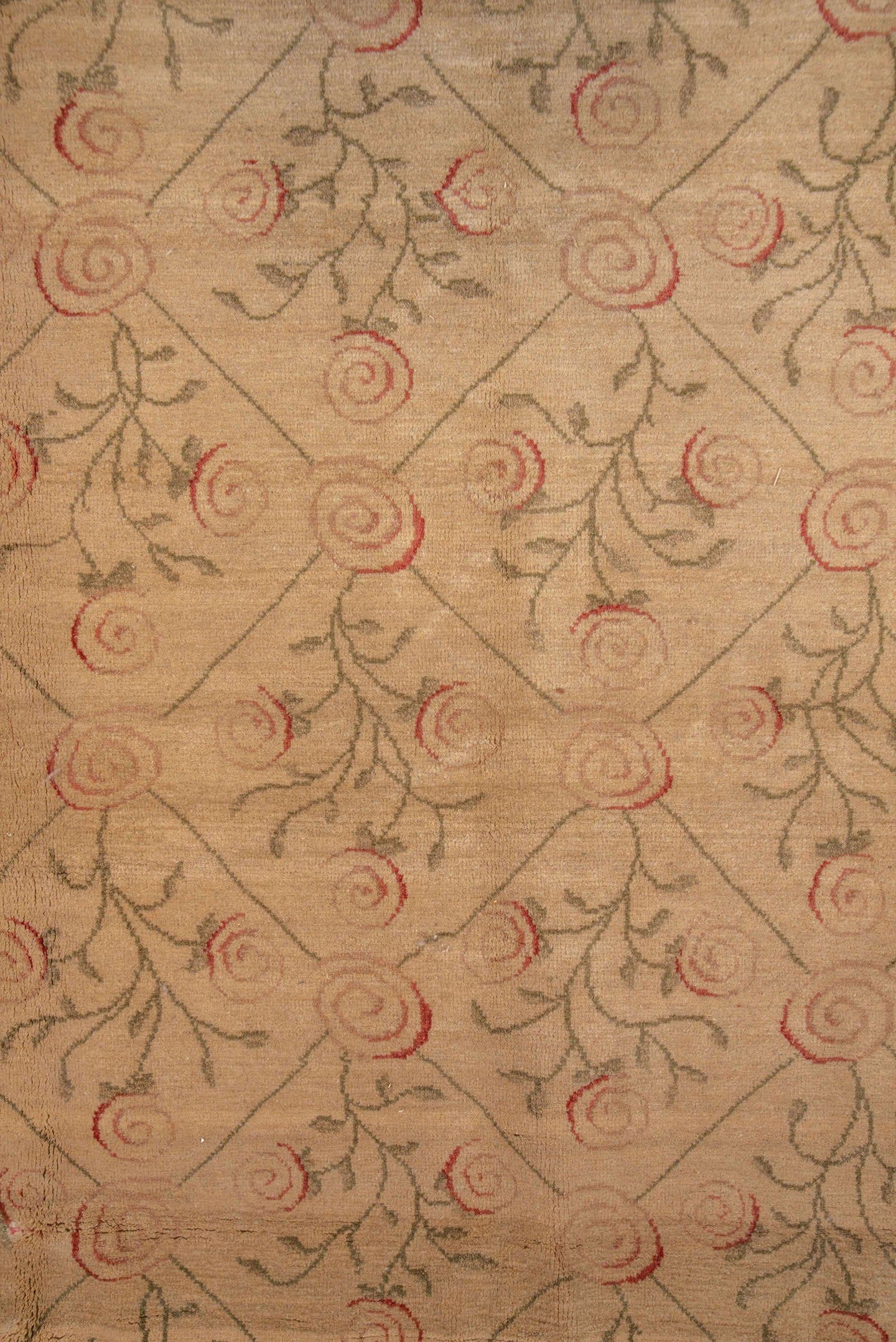 8' x 10' one-of-a-kind handmade vintage Aubusson large size rug. Color palette: beige, camel, rose, olive, taupe, pink, red