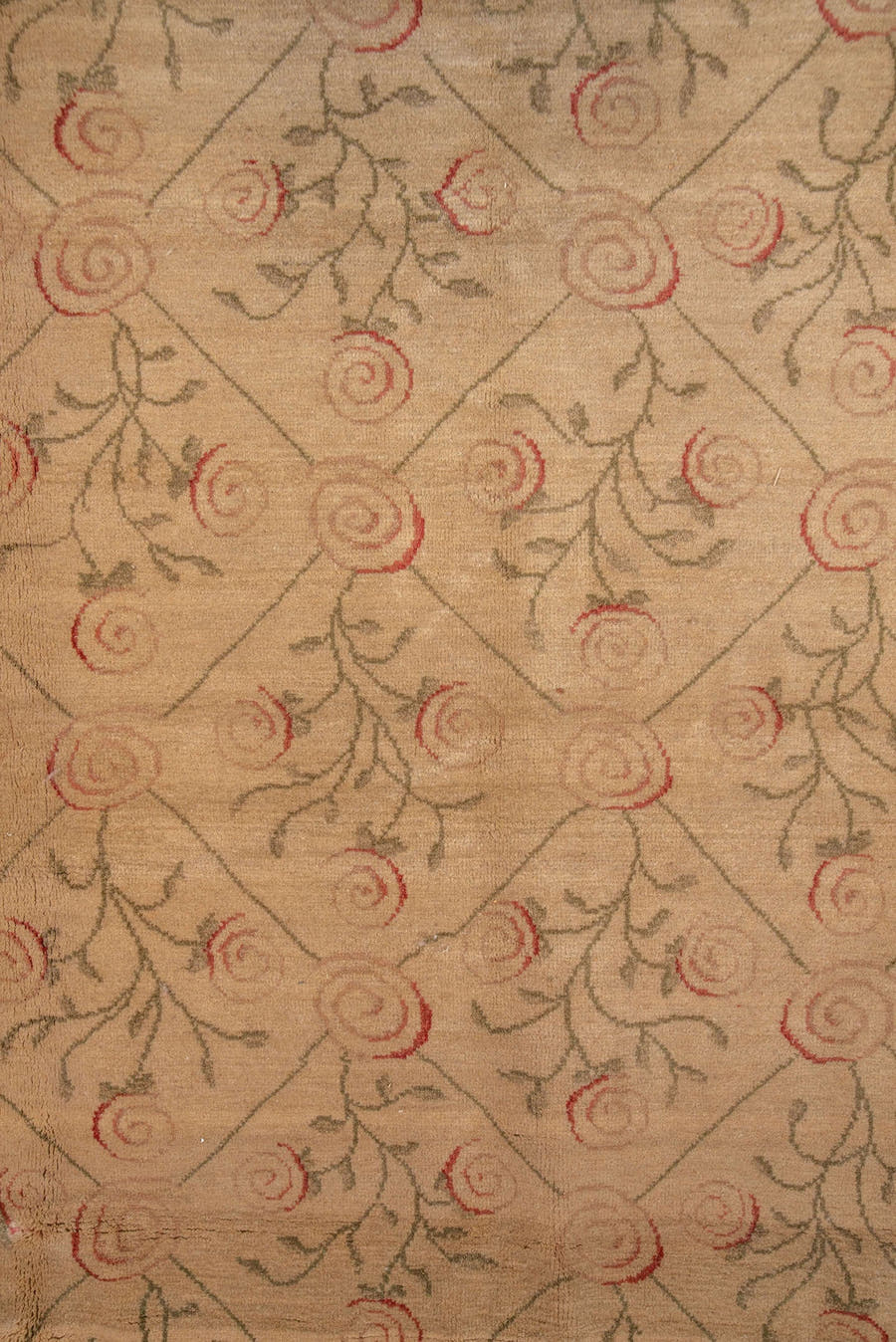 8' x 10' one-of-a-kind handmade vintage Aubusson large size rug. Color palette: beige, camel, rose, olive, taupe, pink, red