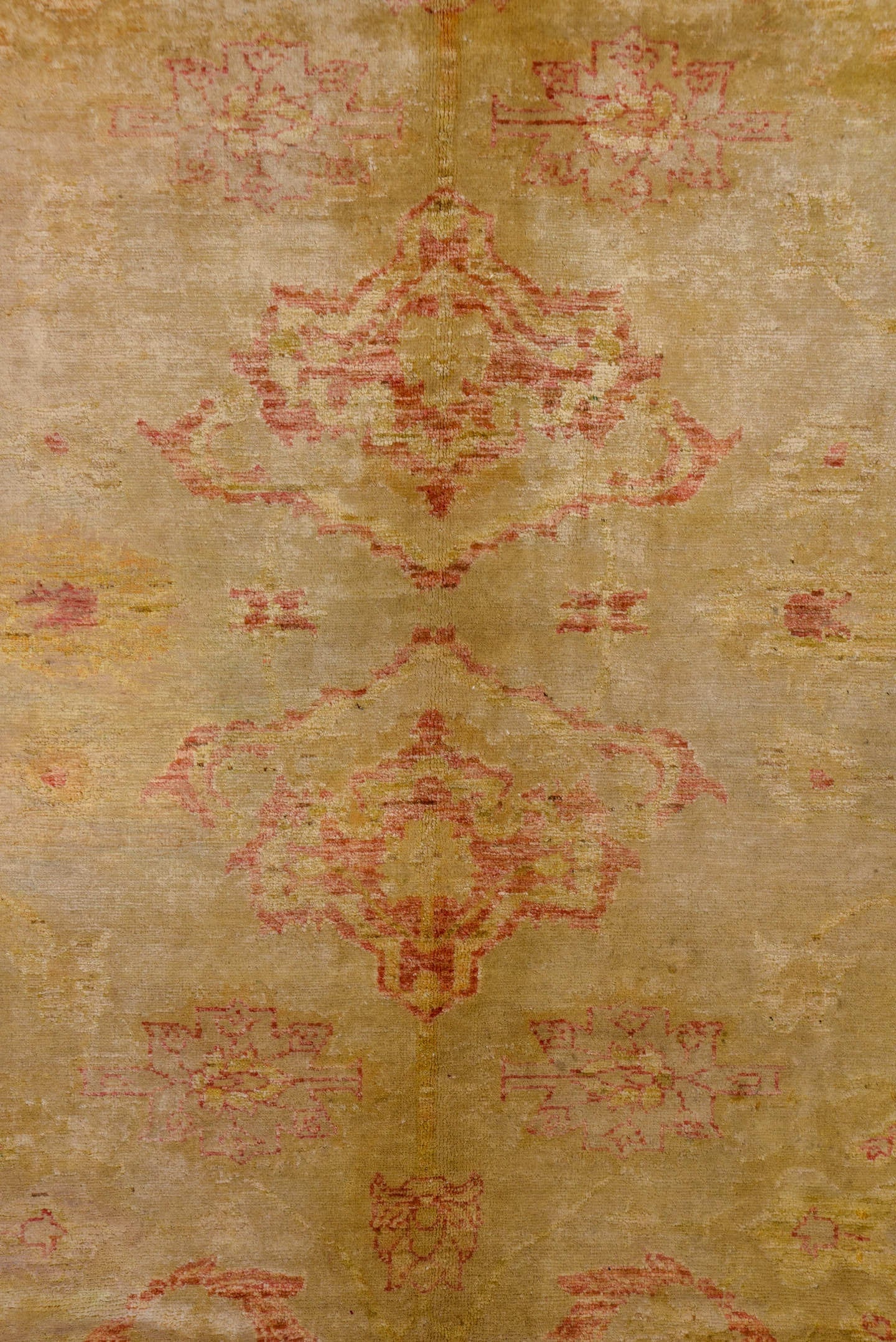 10' x 12' one-of-a-kind handmade vintage Oushak large size rug. Color palette: tan, blush, camel, gold, ivory, rose, beige