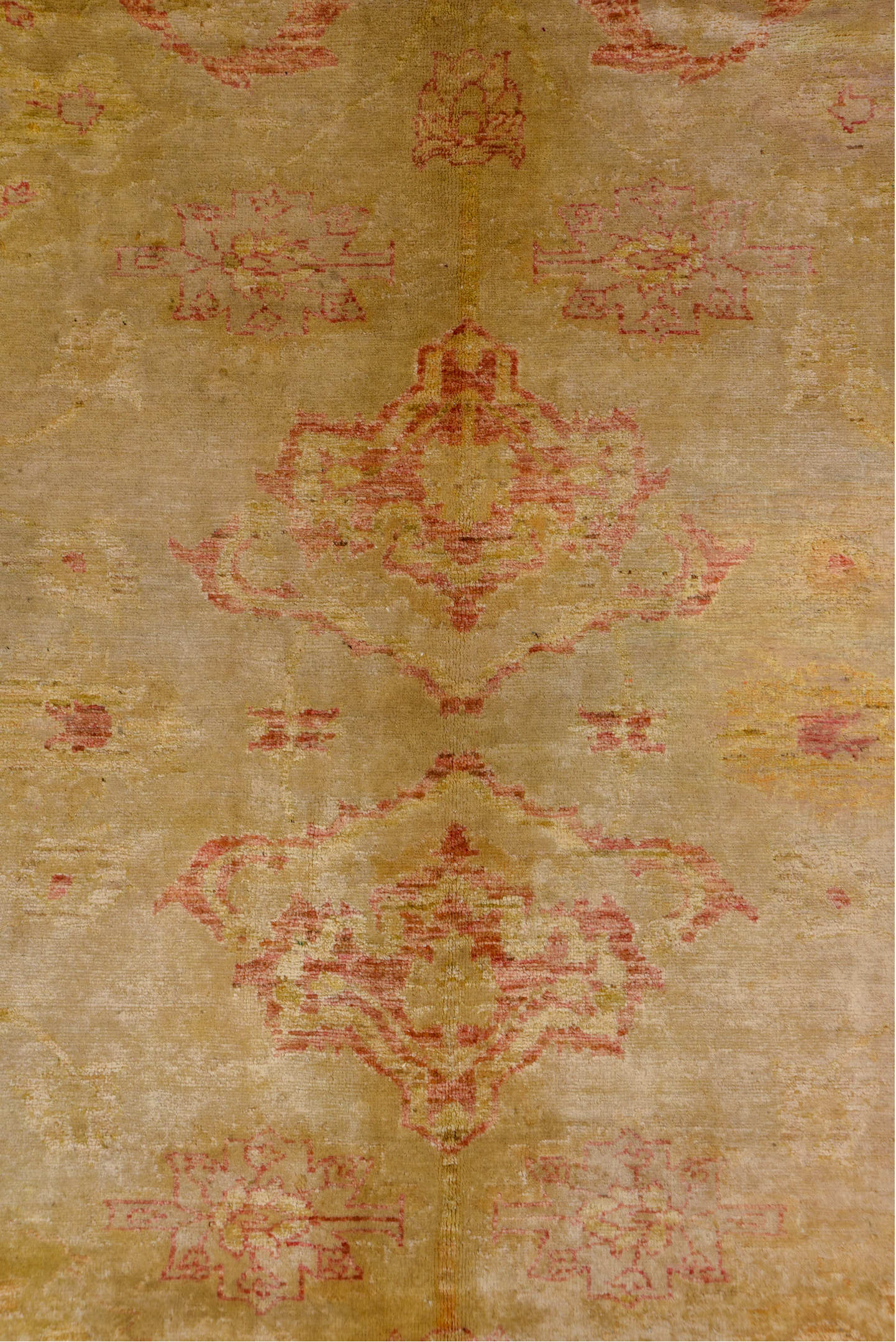 10' x 12' one-of-a-kind handmade vintage Oushak large size rug. Color palette: tan, blush, camel, gold, ivory, rose, beige