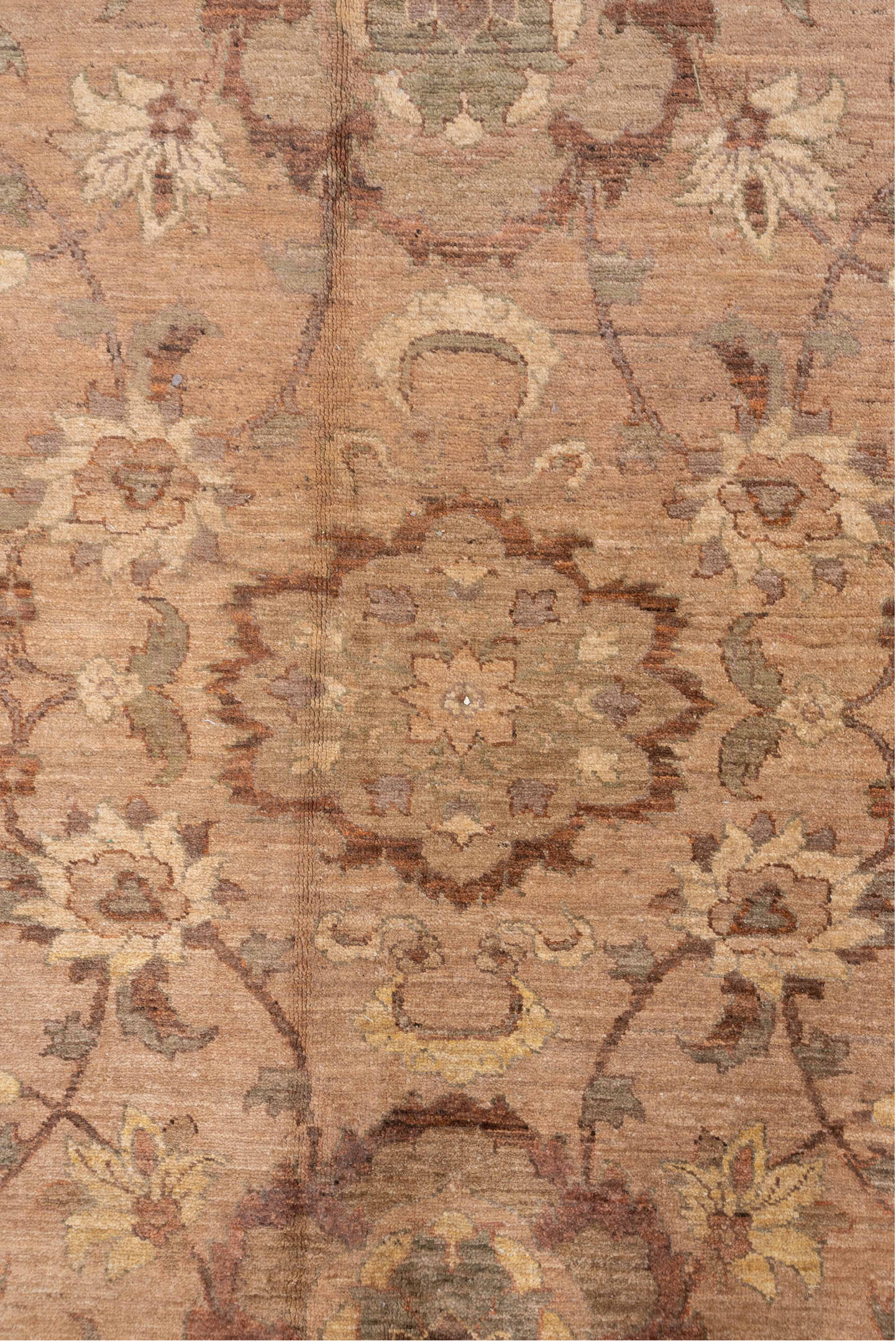 9' x 13' one-of-a-kind handmade vintage Sultanabad large size rug. Color palette: taupe, rose, terra cotta, camel, sage