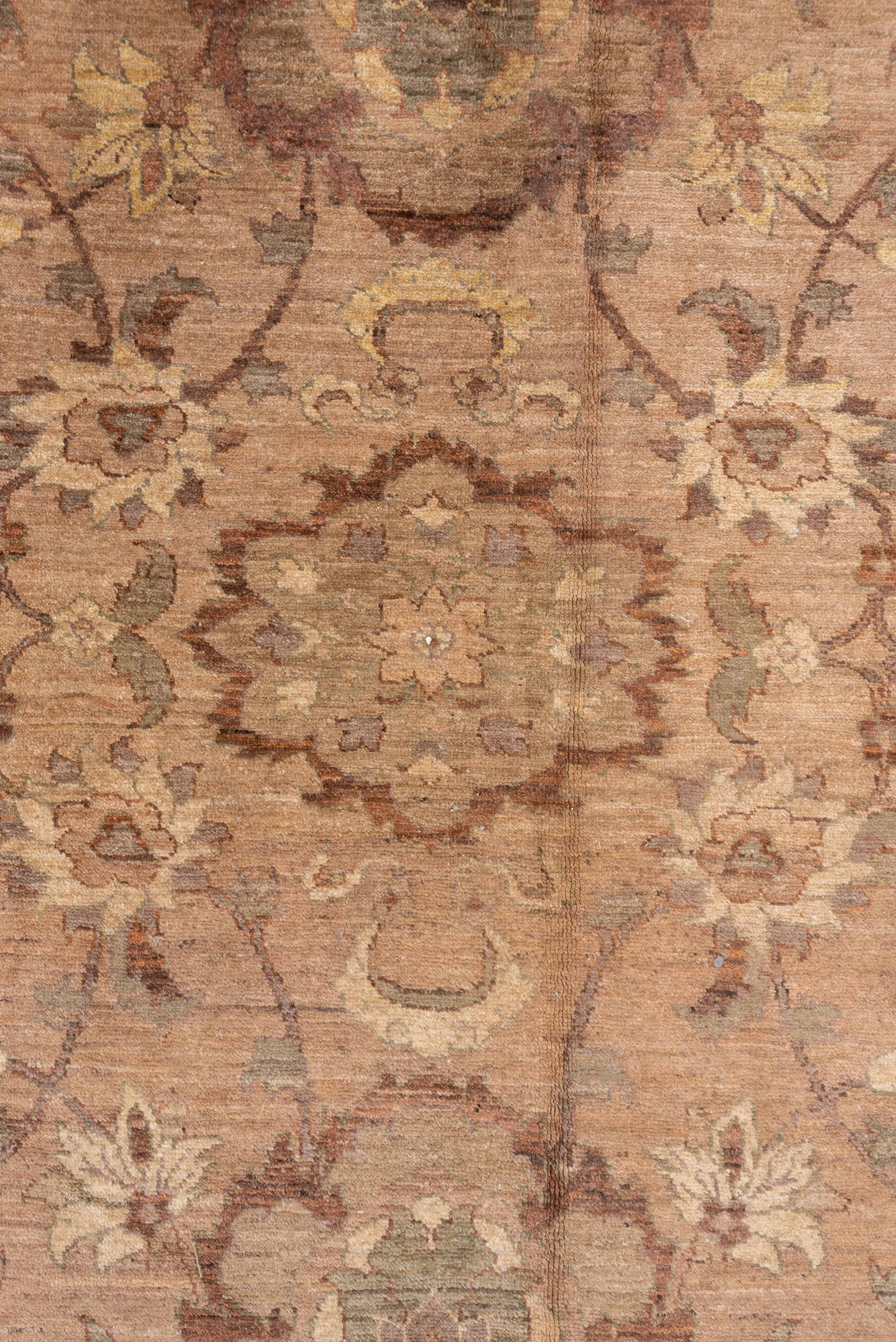 9' x 13' one-of-a-kind handmade vintage Sultanabad large size rug. Color palette: taupe, rose, terra cotta, camel, sage
