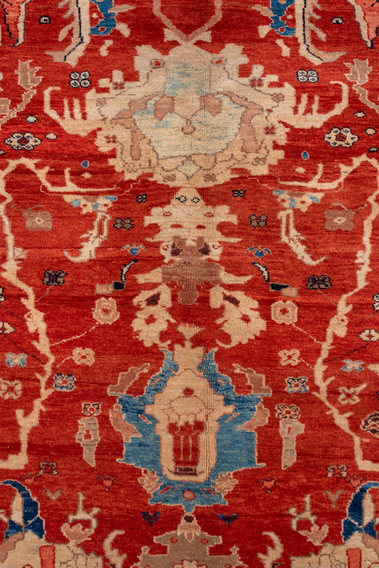 9' x 13' one-of-a-kind handmade vintage Sultanabad large size rug. Color palette: rust, ivory, blue, terra cotta, beige