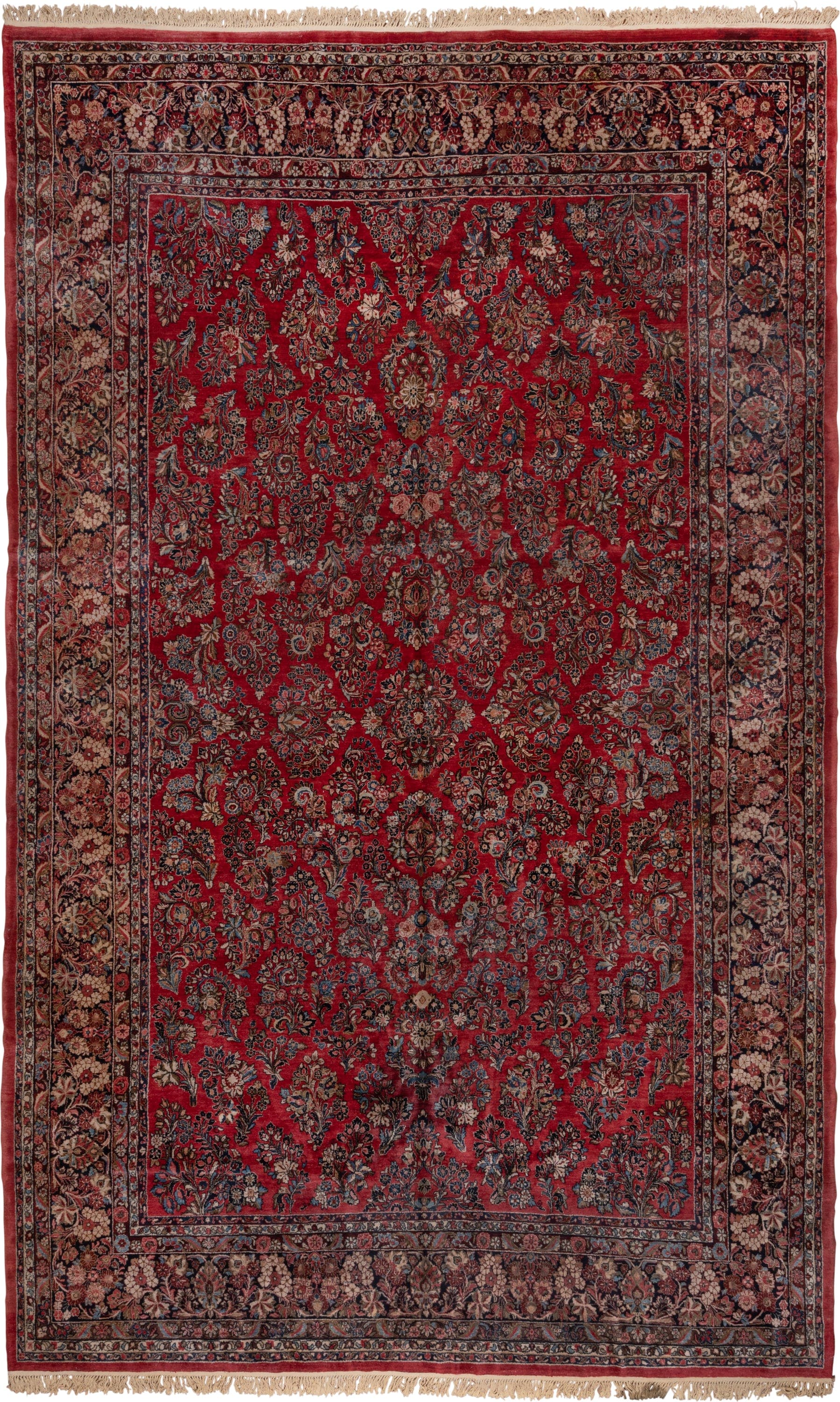 12' x 19' one-of-a-kind handmade vintage Sarouk oversize rug. Color palette: red, navy, ivory, rose, soft blue, burgundy