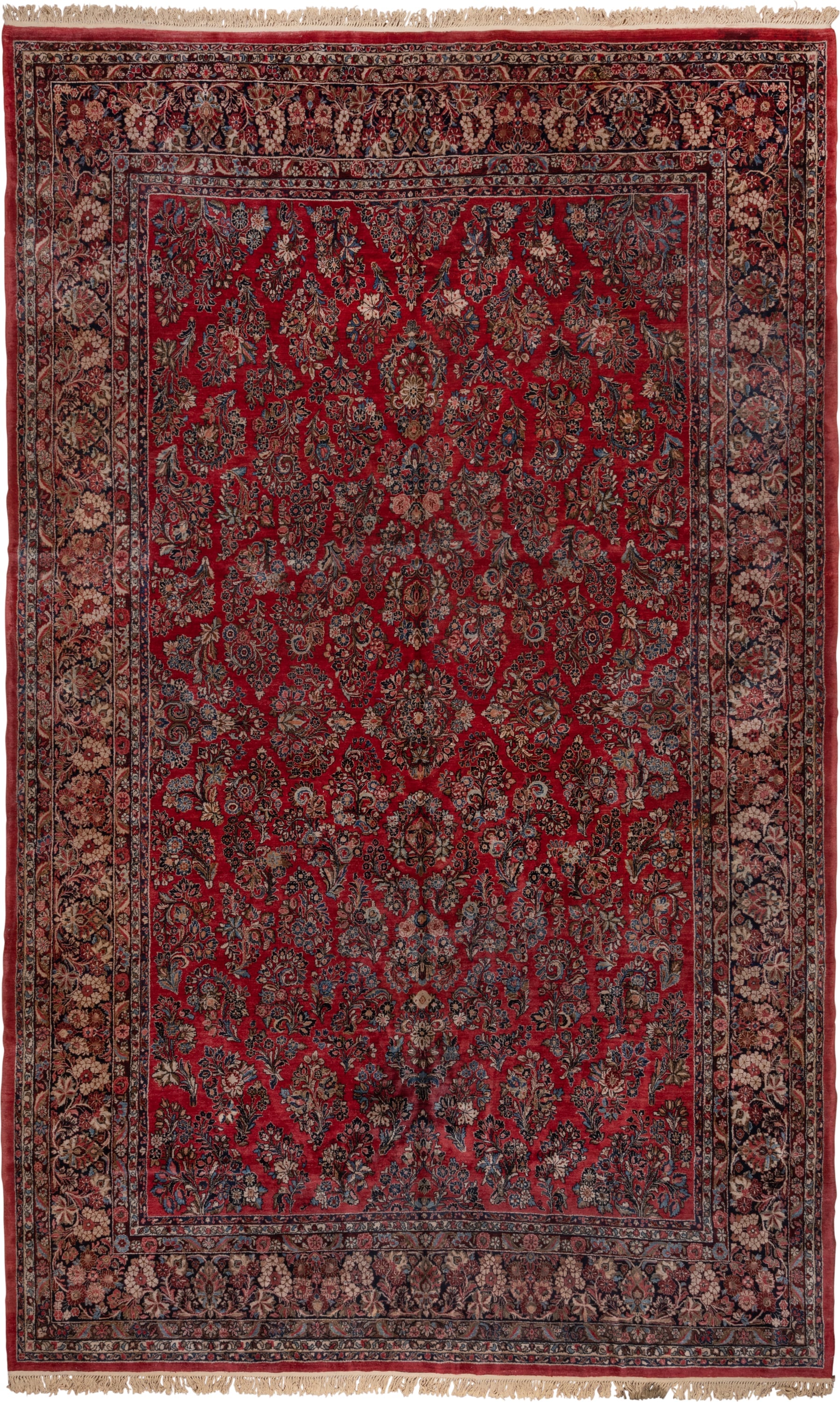 12' x 19' one-of-a-kind handmade vintage Sarouk oversize rug. Color palette: red, navy, ivory, rose, soft blue, burgundy