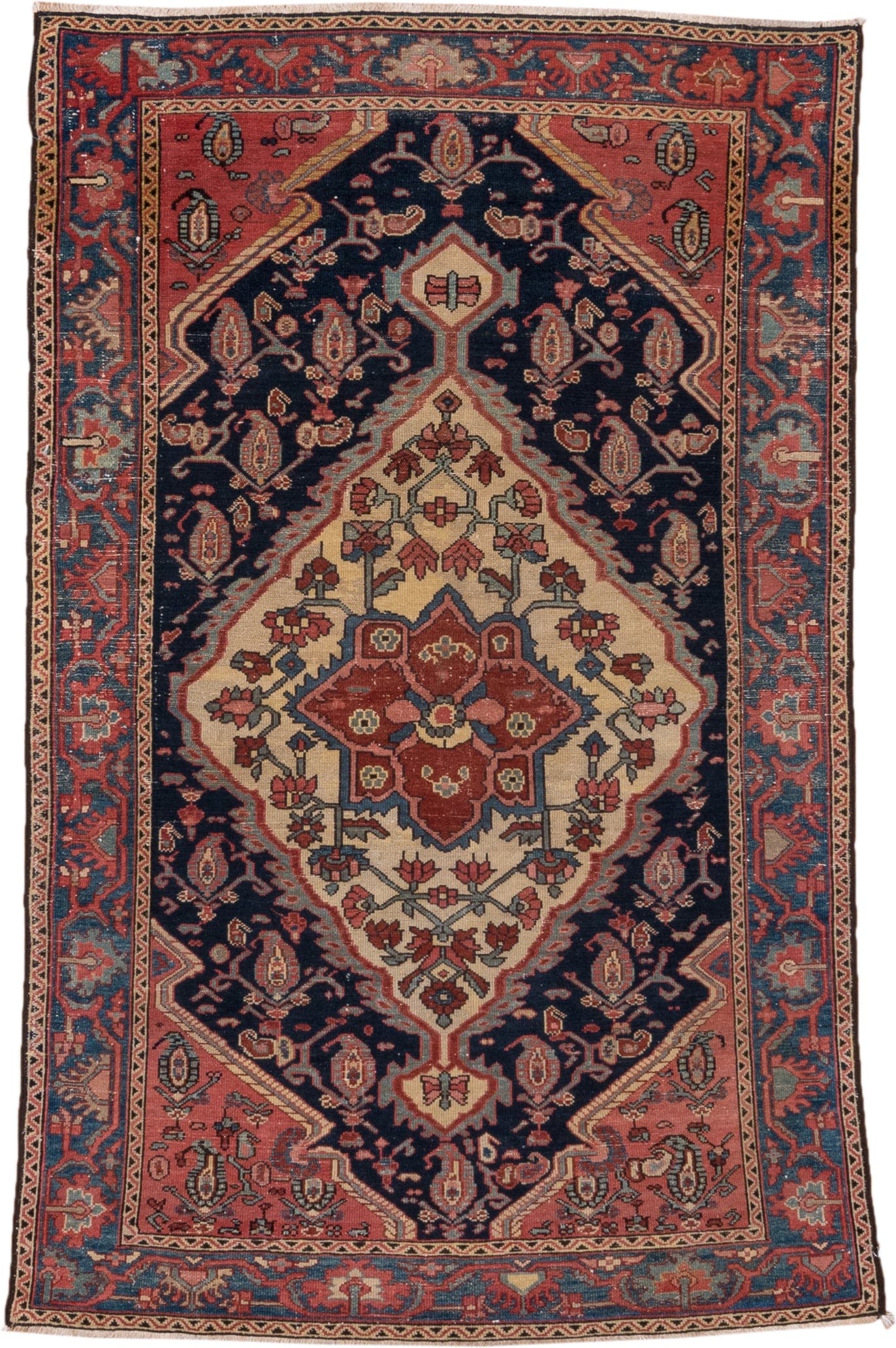 4' x 6' one-of-a-kind handmade vintage Malayer small size rug. Color palette: navy, rust, ivory, indigo, soft blue, rose