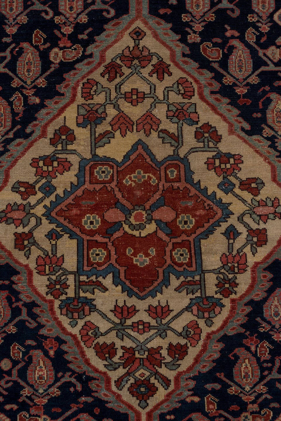 4' x 6' one-of-a-kind handmade vintage Malayer small size rug. Color palette: navy, rust, ivory, indigo, soft blue, rose