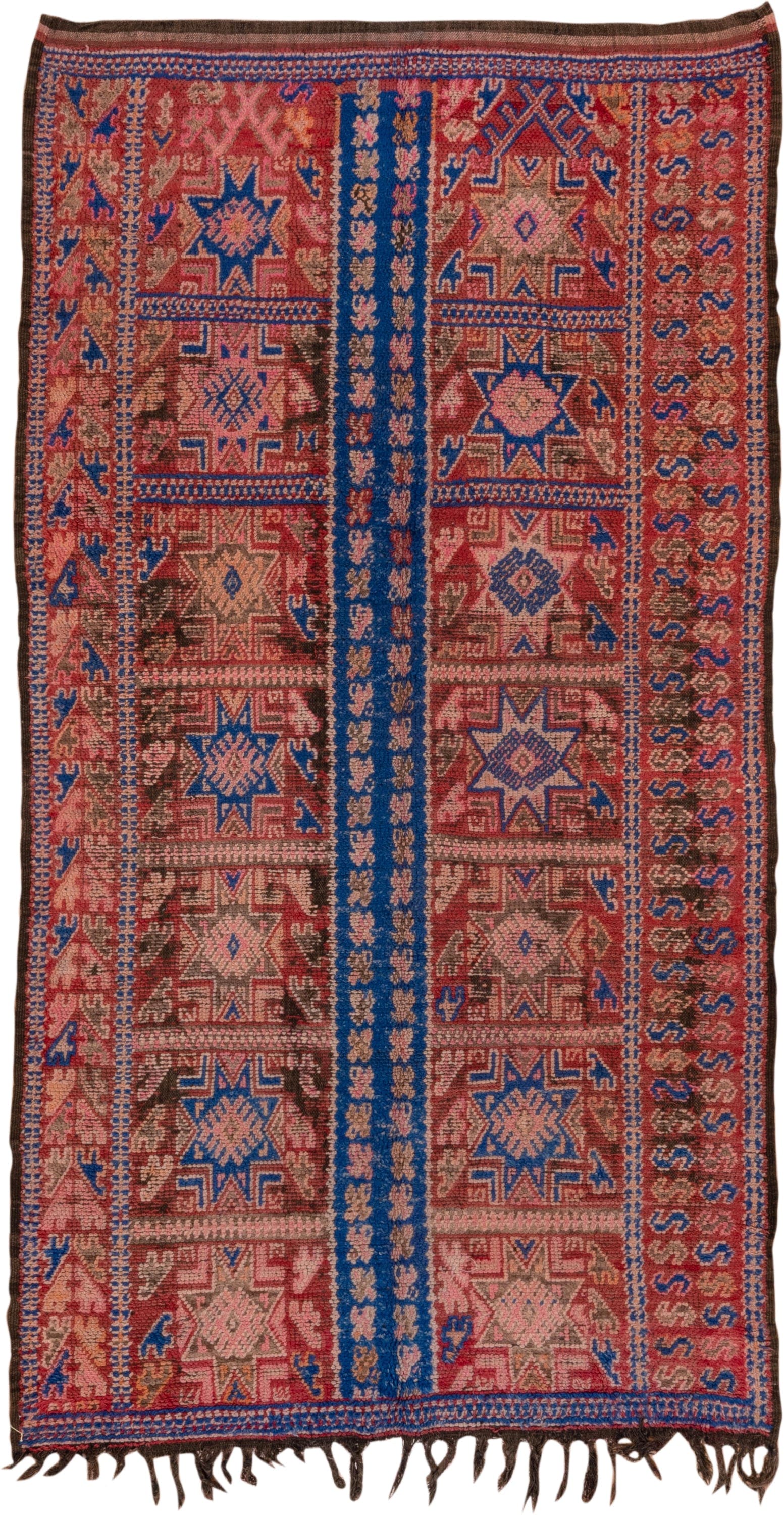 5' x 10' one-of-a-kind handmade antique Moroccan medium size rug. Color palette: rose, cobalt, rust, taupe, brown, ivory