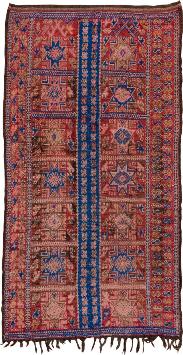 5' x 10' one-of-a-kind handmade vintage Moroccan medium size rug. Color palette: blue, brown, gray, pink, red, redwood