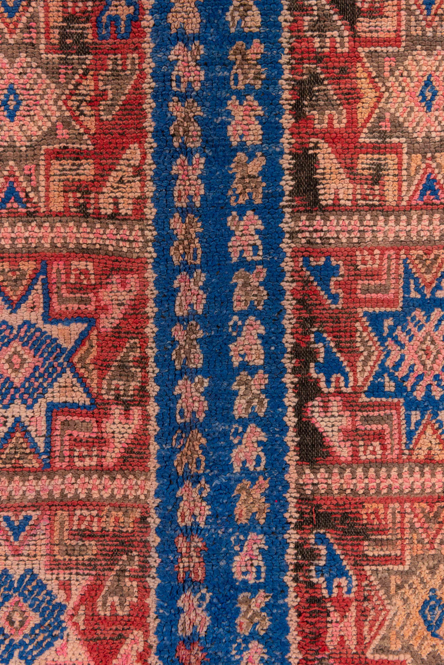 5' x 10' one-of-a-kind handmade antique Moroccan medium size rug. Color palette: rose, cobalt, rust, taupe, brown, ivory