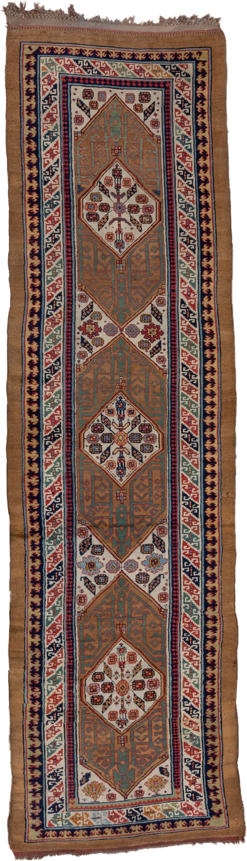 3' x 12' one-of-a-kind handmade antique Cam Hamadan runner rug. Color palette: camel, ivory, rust, navy, sage, terra cotta