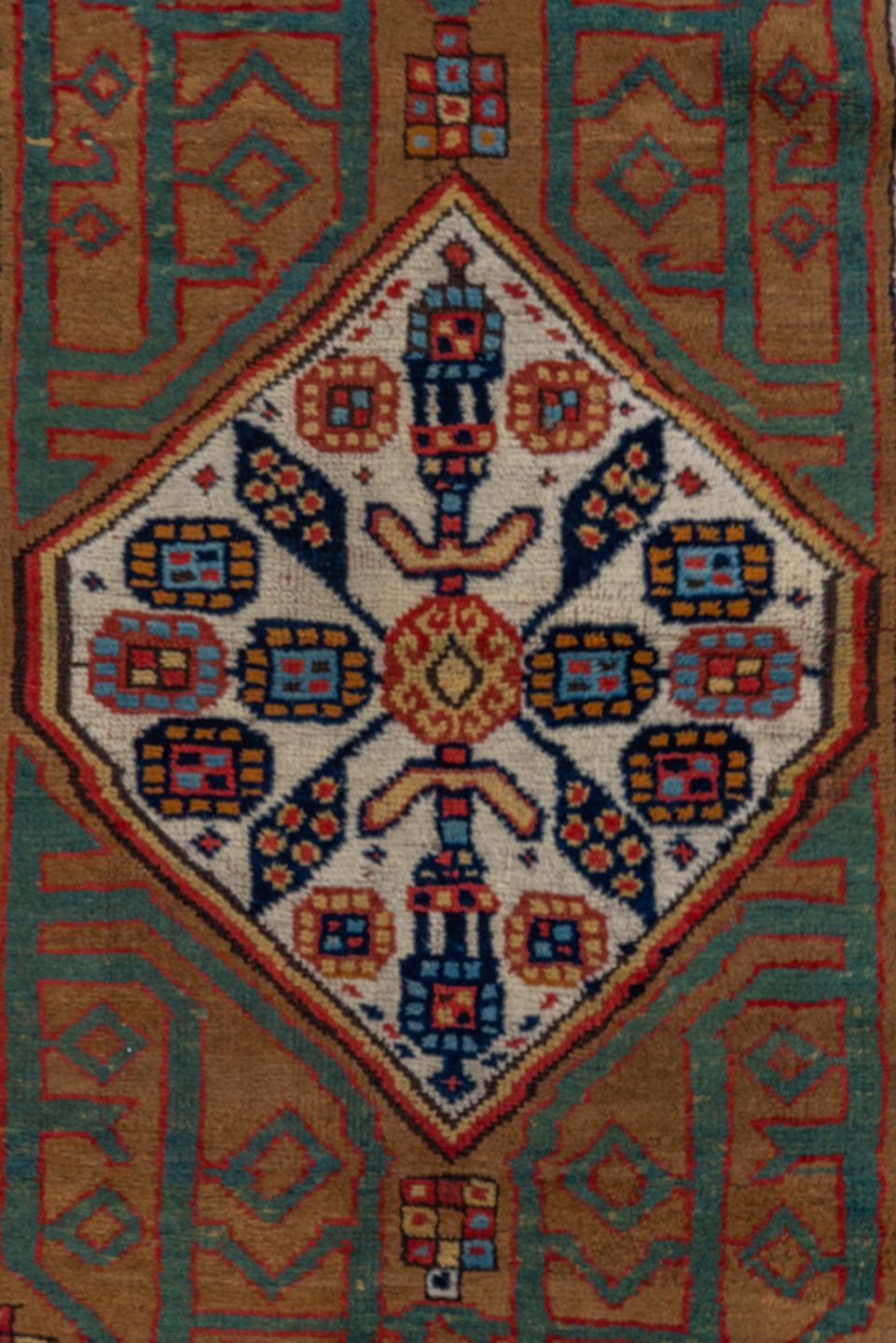 3' x 12' one-of-a-kind handmade antique Cam Hamadan runner rug. Color palette: camel, ivory, rust, navy, sage, terra cotta