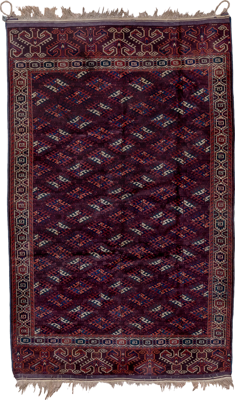 6' x 10' one-of-a-kind handmade vintage Yamoud large size rug. Color palette: blue, brown, gray, light gray, pink, red
