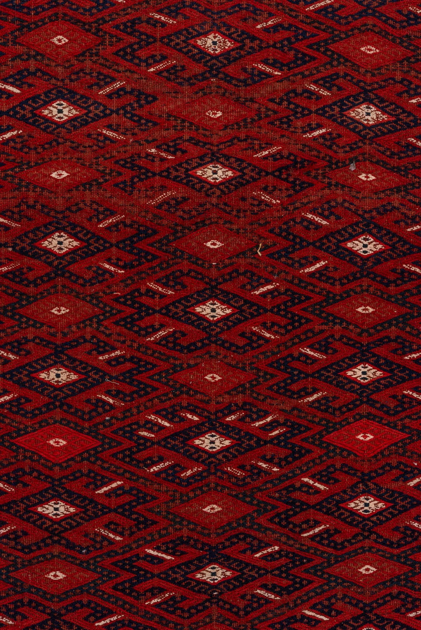 7' x 14' one-of-a-kind handmade vintage Flatweave large size rug. Color palette: rust, crimson, burgundy, indigo, ivory