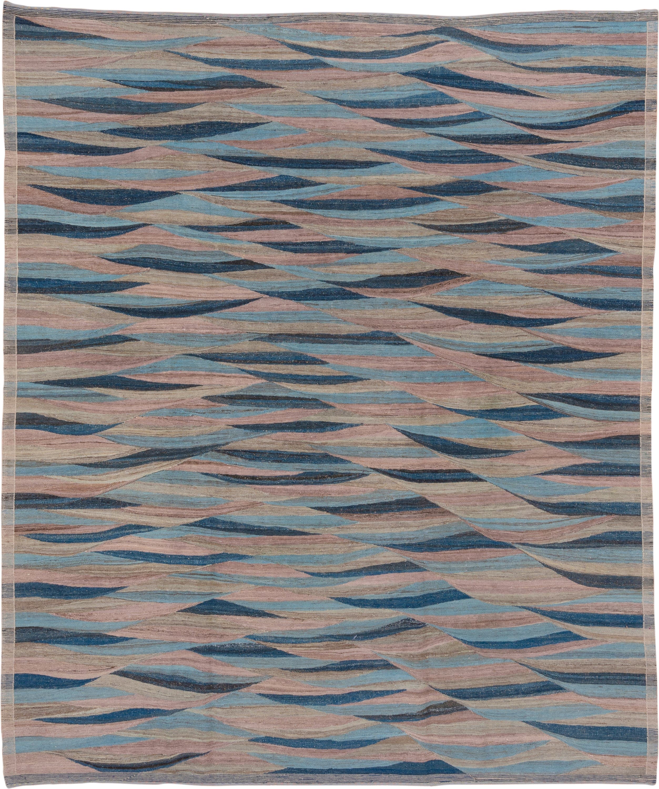 8' x 9' one-of-a-kind handmade vintage Kilim rug. Color palette: taupe, sky blue, navy, blush, beige, slate, gray