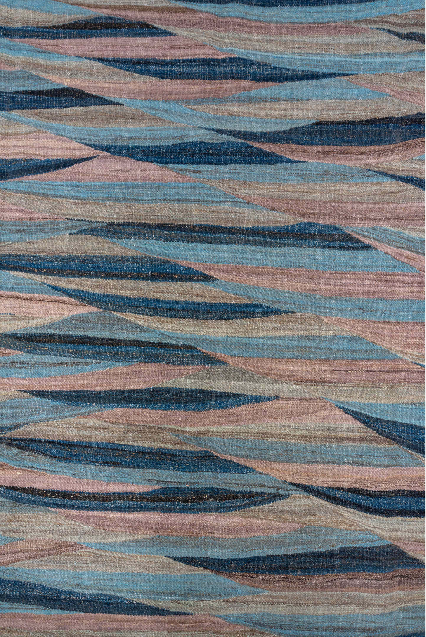 8' x 9' one-of-a-kind handmade vintage Kilim rug. Color palette: taupe, sky blue, navy, blush, beige, slate, gray