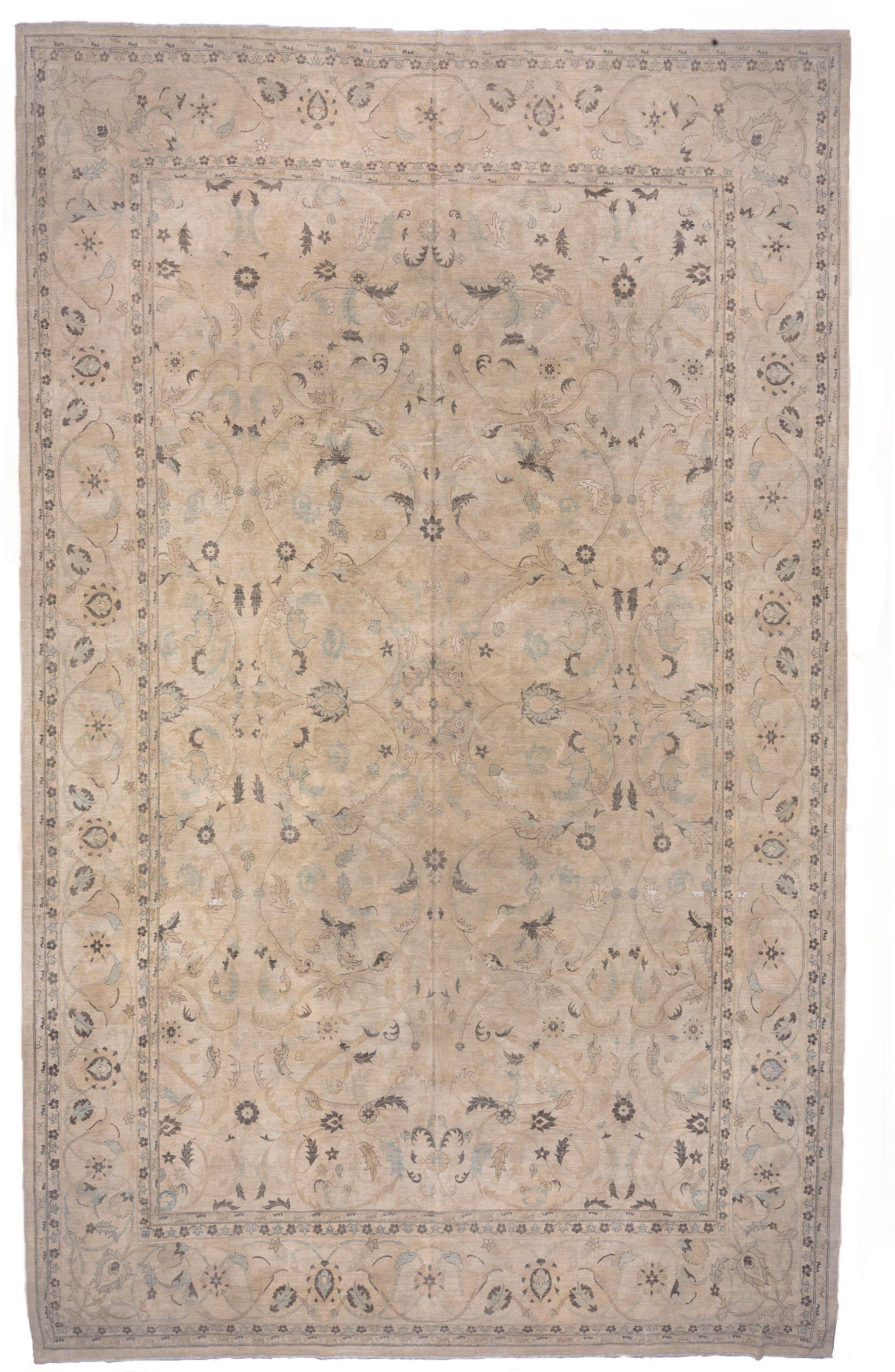 12' x 19' one-of-a-kind handmade vintage Sivas oversize rug. Color palette: beige, ivory, taupe, pale blue, slate, camel