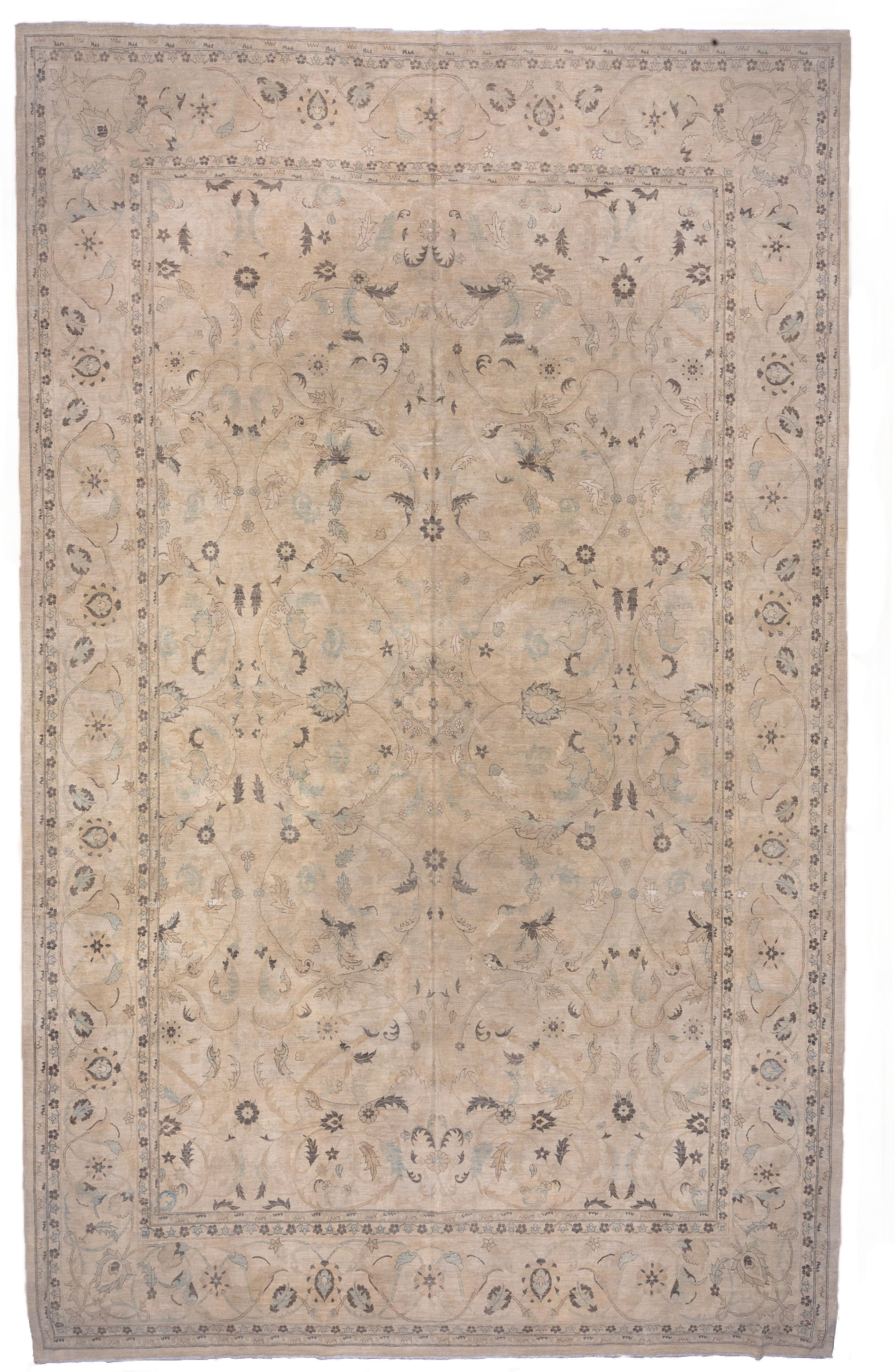 12' x 19' one-of-a-kind handmade vintage Sivas oversize rug. Color palette: beige, ivory, taupe, pale blue, slate, camel