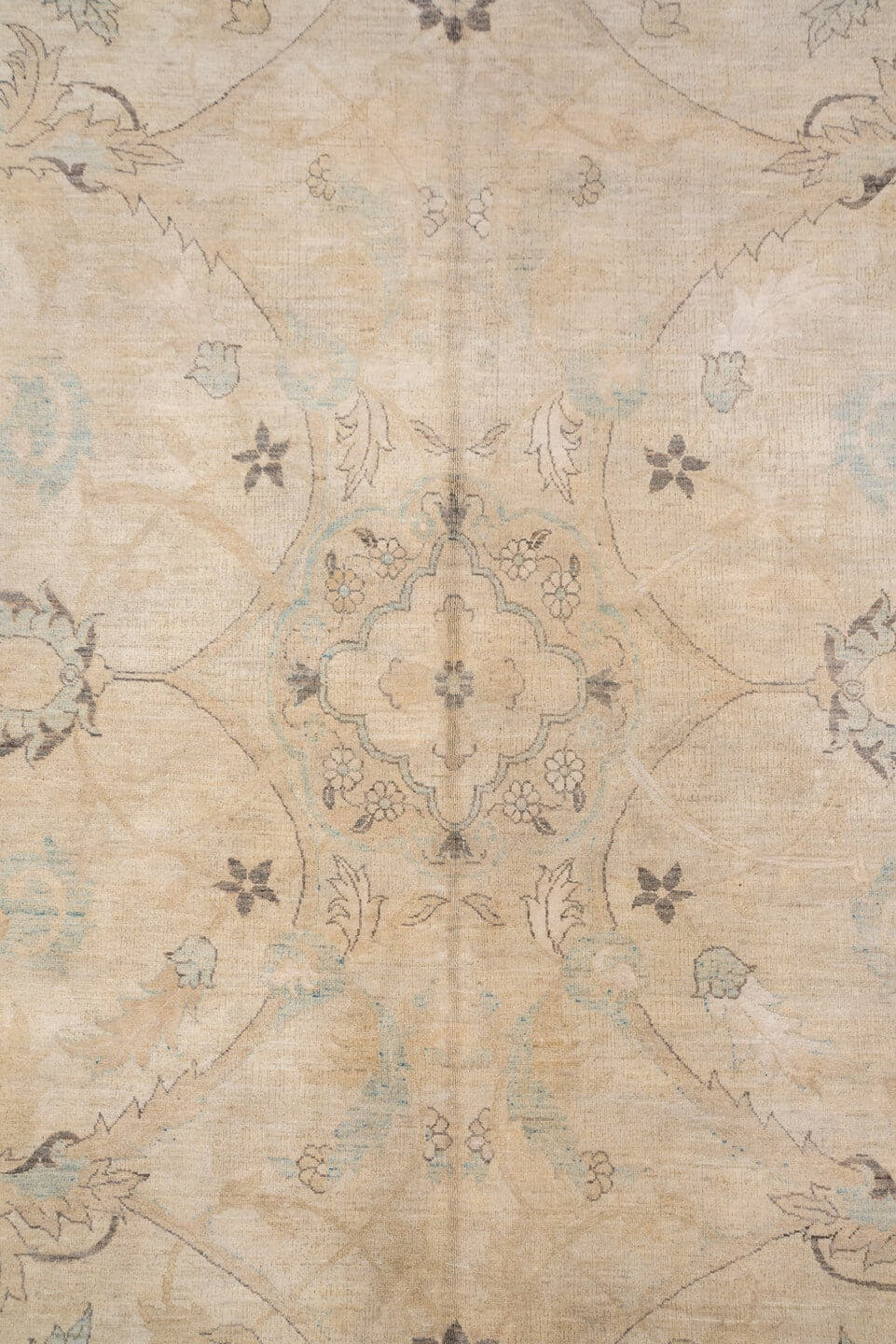12' x 19' one-of-a-kind handmade vintage Sivas oversize rug. Color palette: beige, ivory, taupe, pale blue, slate, camel