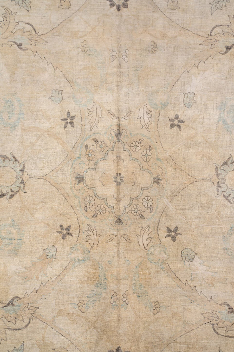 12' x 19' one-of-a-kind handmade vintage Sivas oversize rug. Color palette: beige, ivory, taupe, pale blue, slate, camel