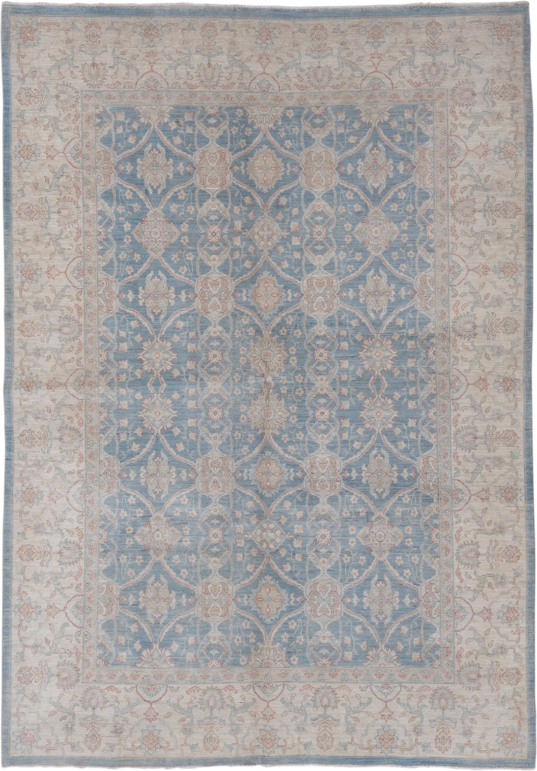 6' x 9' one-of-a-kind handmade vintage Afghan medium size rug. Color palette: pale blue, ivory, blush, taupe, sage