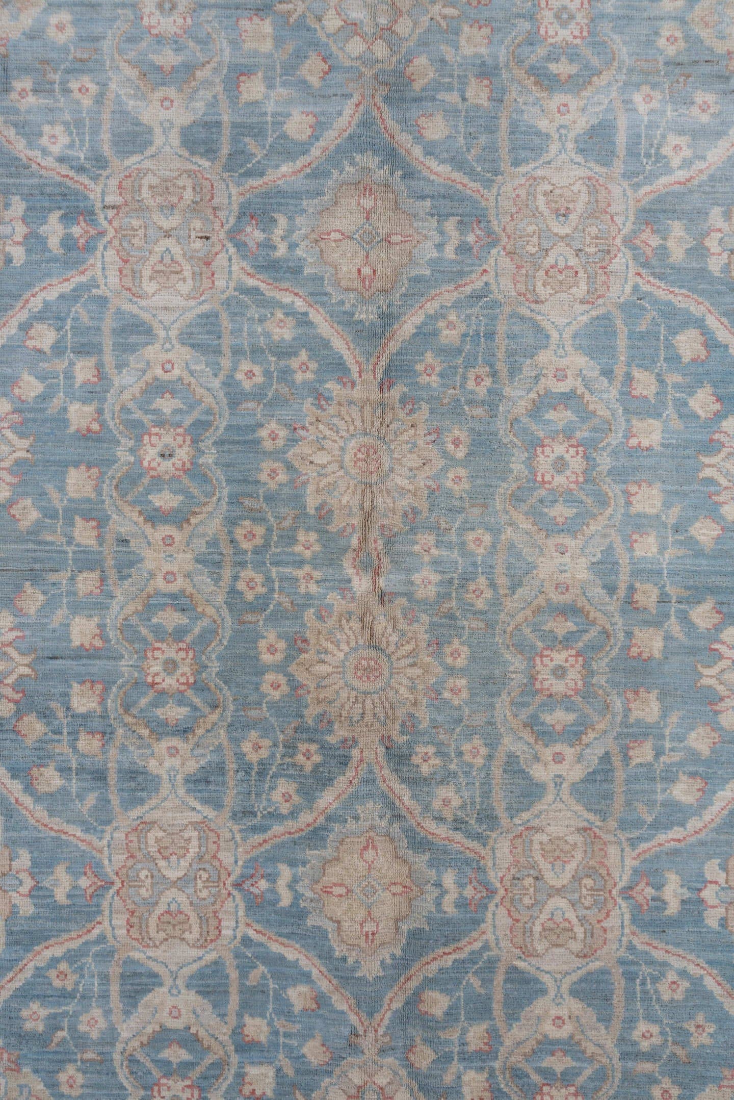 6' x 9' one-of-a-kind handmade vintage Afghan medium size rug. Color palette: pale blue, ivory, blush, taupe, sage