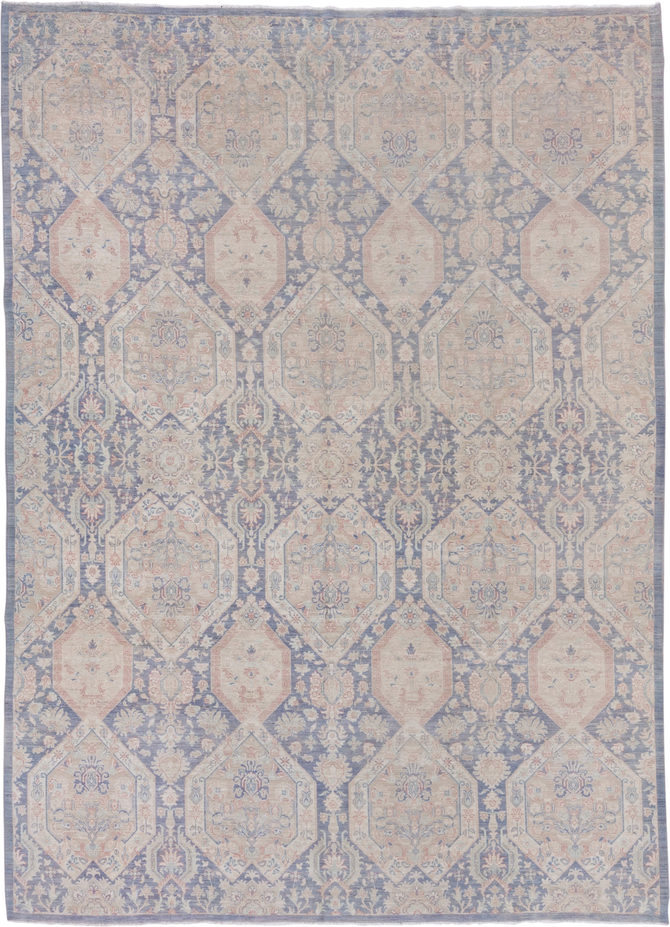 8' x 12' one-of-a-kind handmade vintage Afghan large size rug. Color palette: powder blue, ivory, blush, taupe, slate, cream