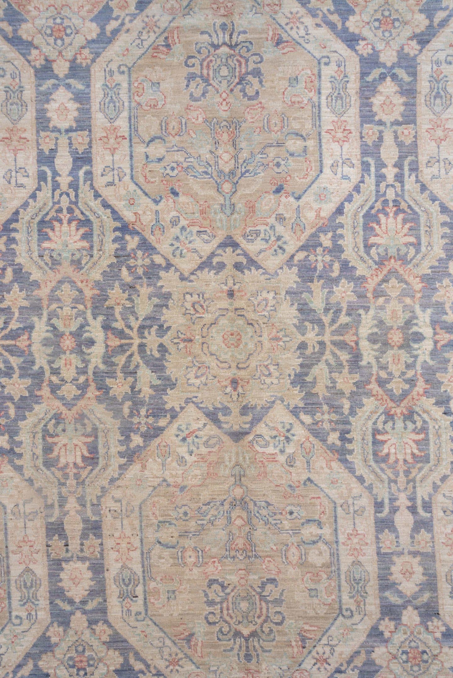 8' x 12' one-of-a-kind handmade vintage Afghan large size rug. Color palette: powder blue, ivory, blush, taupe, slate, cream