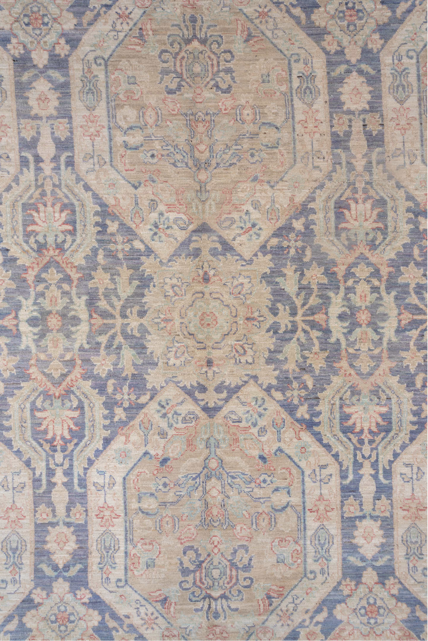 8' x 12' one-of-a-kind handmade vintage Afghan large size rug. Color palette: powder blue, ivory, blush, taupe, slate, cream