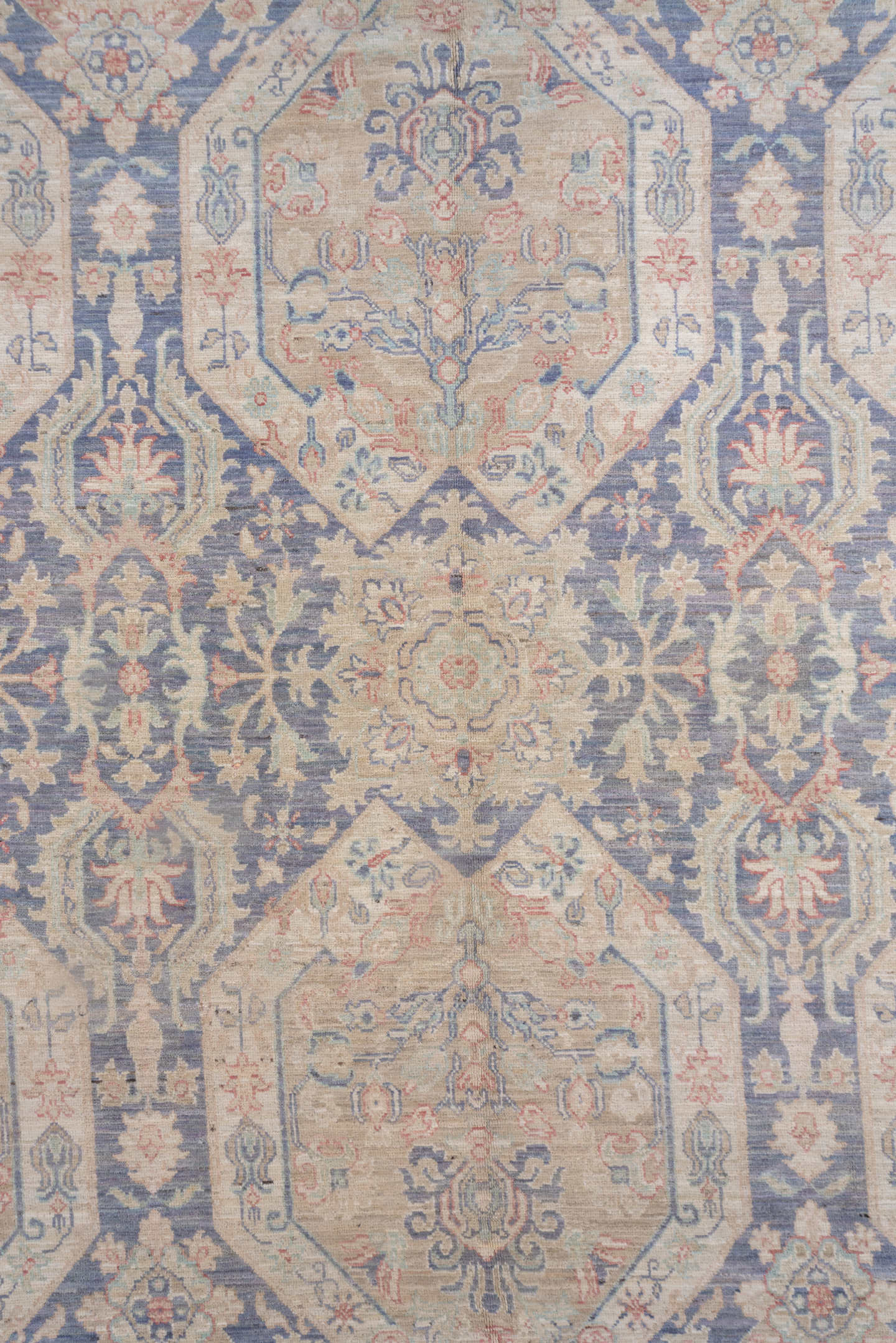 8' x 12' one-of-a-kind handmade vintage Afghan large size rug. Color palette: powder blue, ivory, blush, taupe, slate, cream