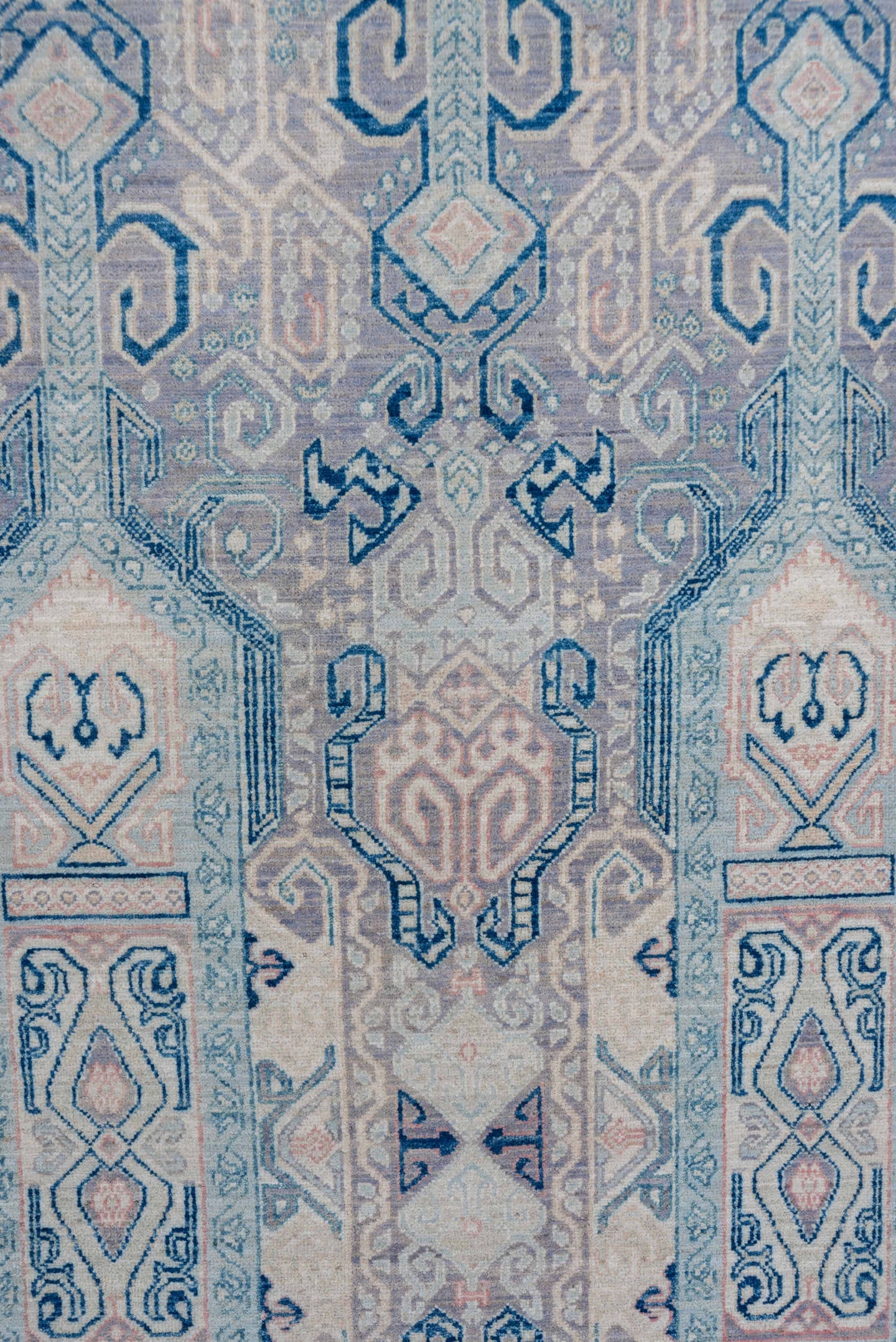 10' x 13' one-of-a-kind handmade vintage Afghan large size rug. Color palette: powder blue, ivory, pale lavender, slate