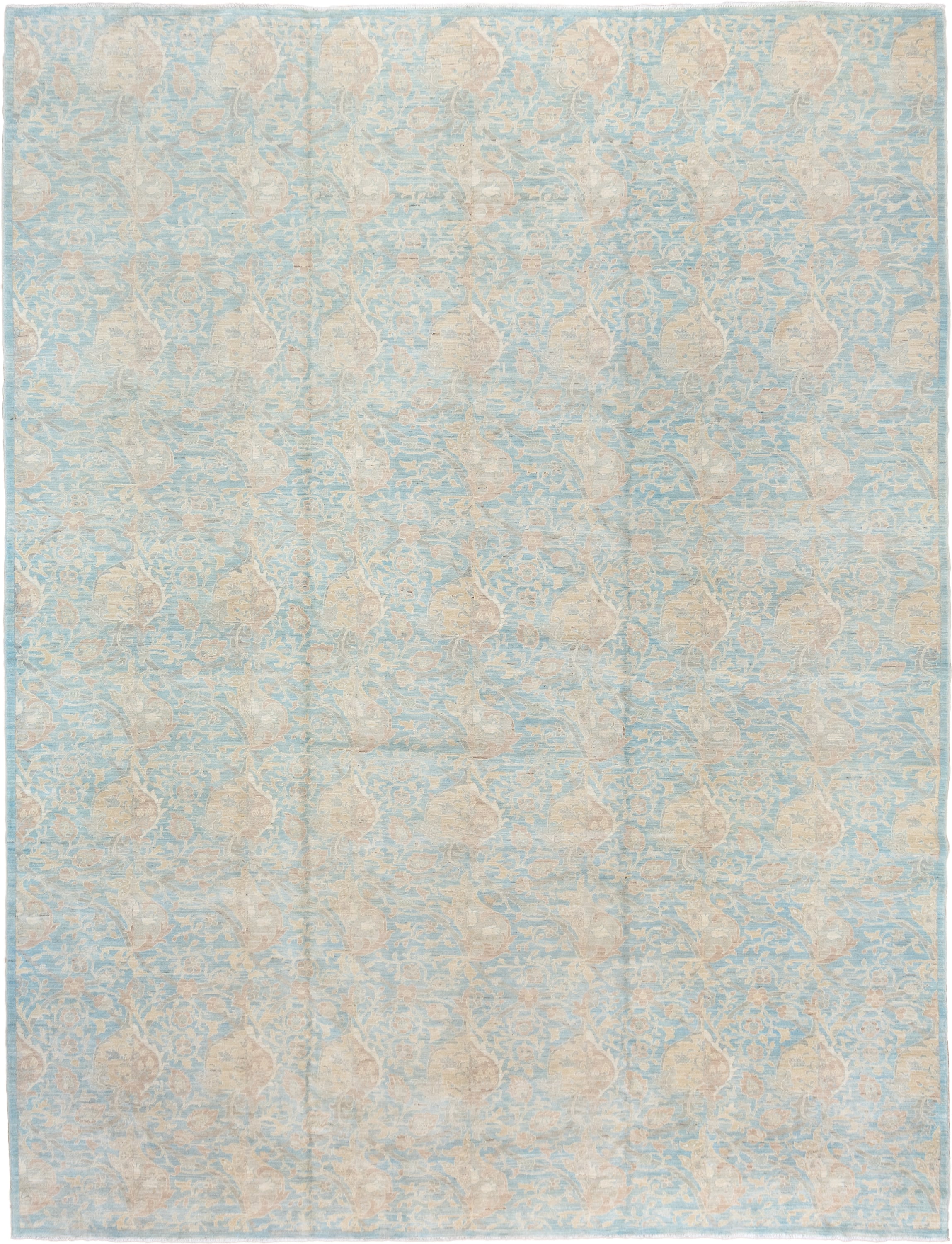 10' x 13' one-of-a-kind handmade vintage Afghan large size rug. Color palette: sky blue, ivory, cream, blush, taupe