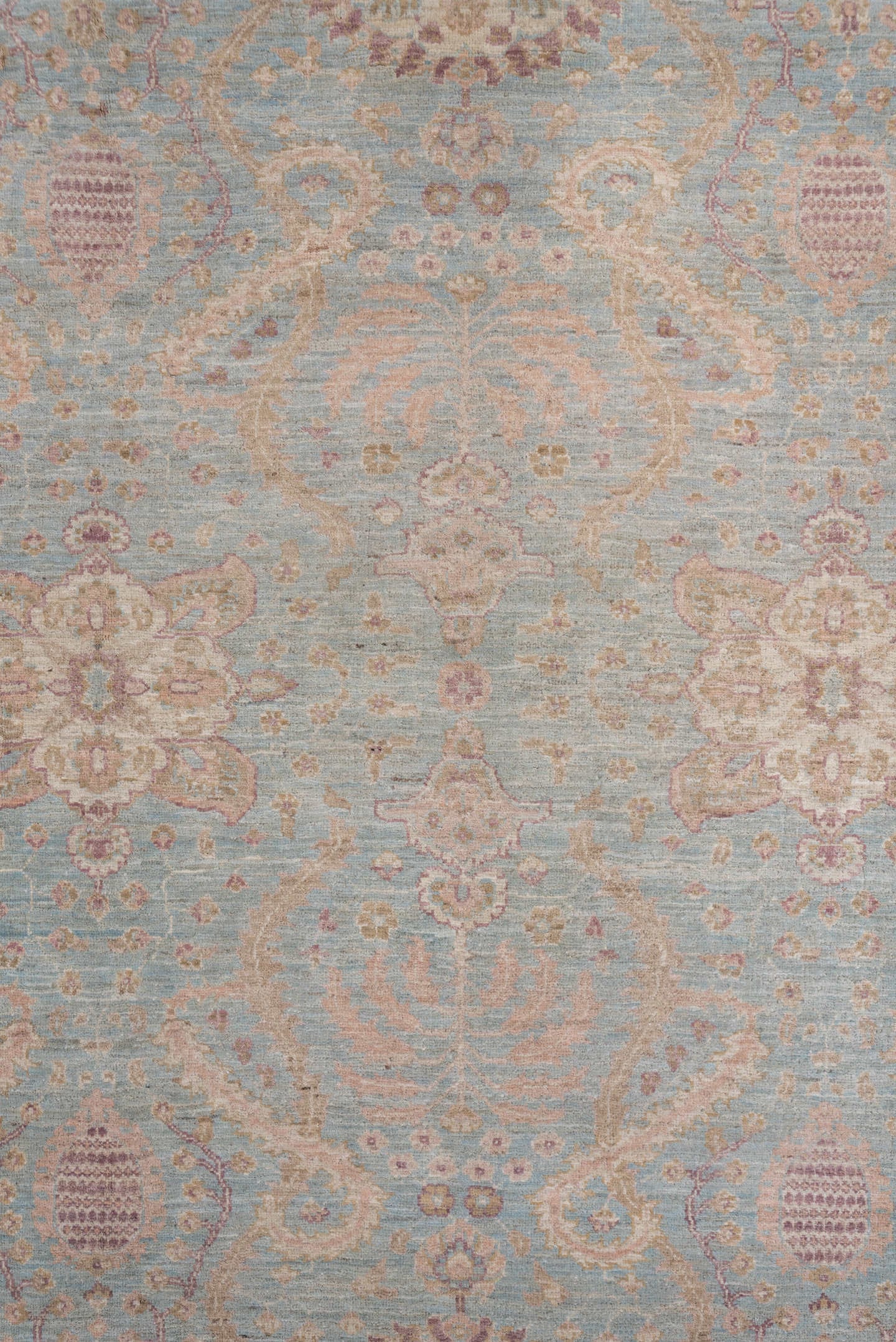 8' x 9' one-of-a-kind handmade vintage Afghan rug. Color palette: light blue, ivory, taupe, dusty rose, beige, lavender
