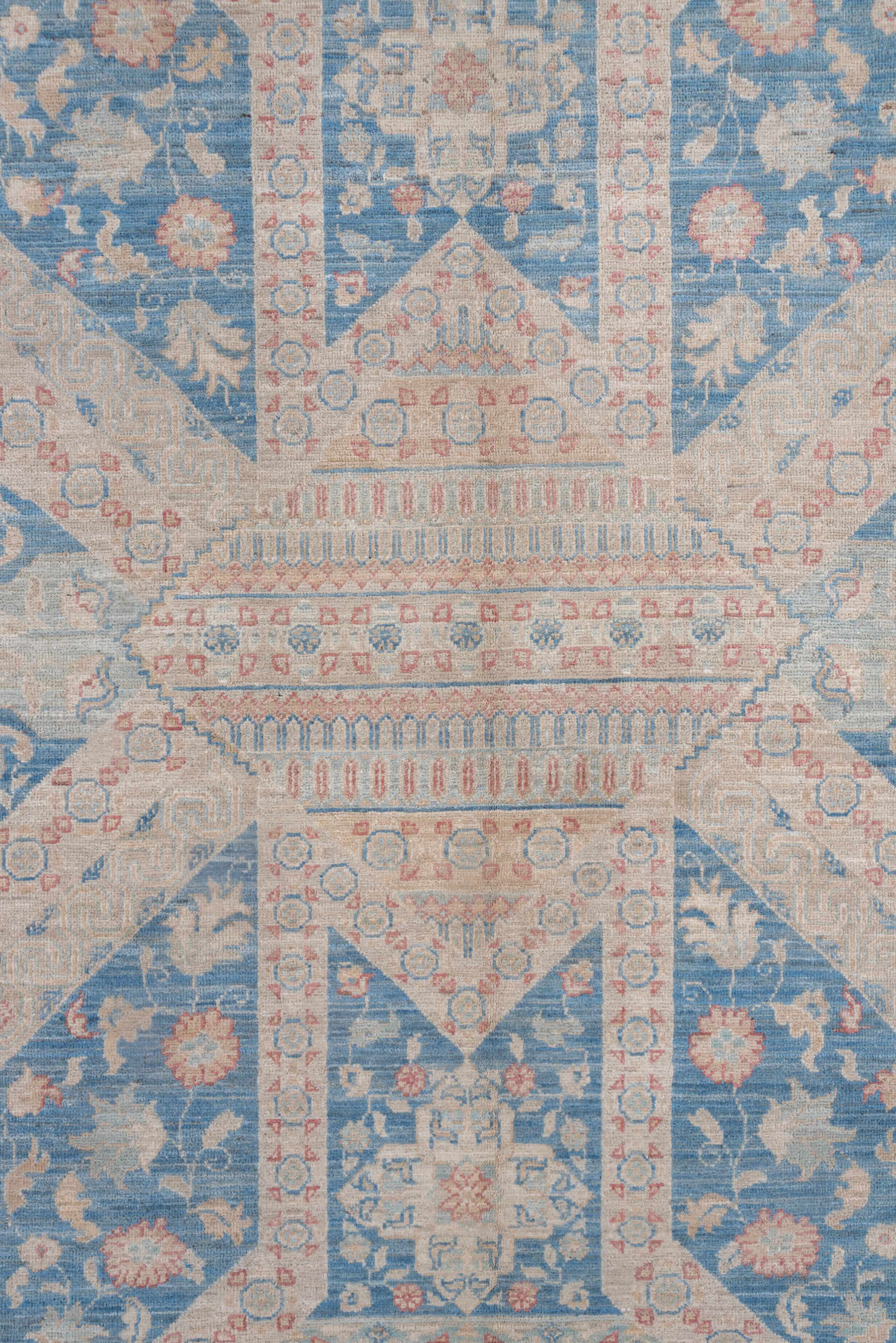 9' x 12' one-of-a-kind handmade vintage Afghan large size rug. Color palette: ivory, sky blue, powder blue, blush, taupe