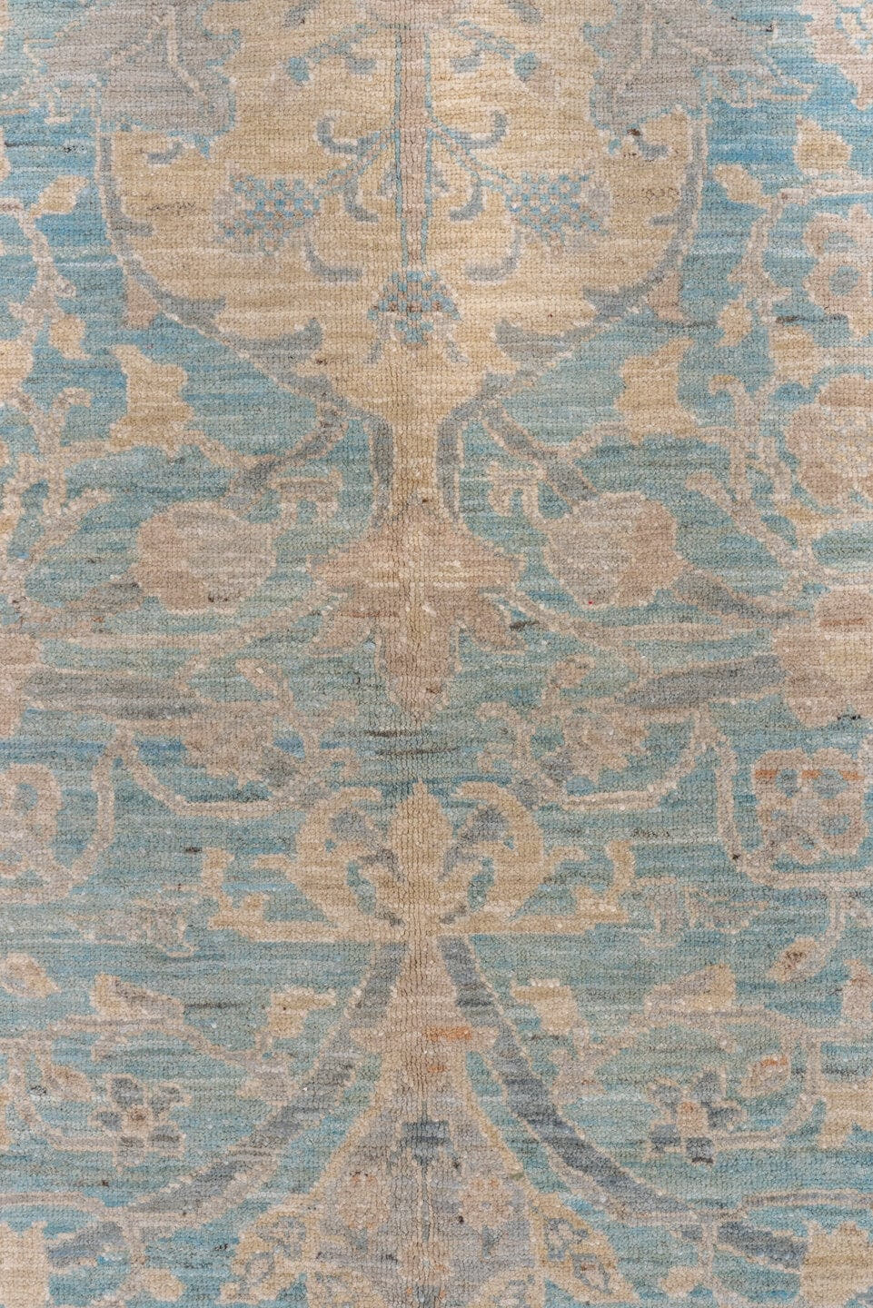 9' x 11' one-of-a-kind handmade vintage Afghan large size rug. Color palette: sky blue, ivory, beige, taupe, cream