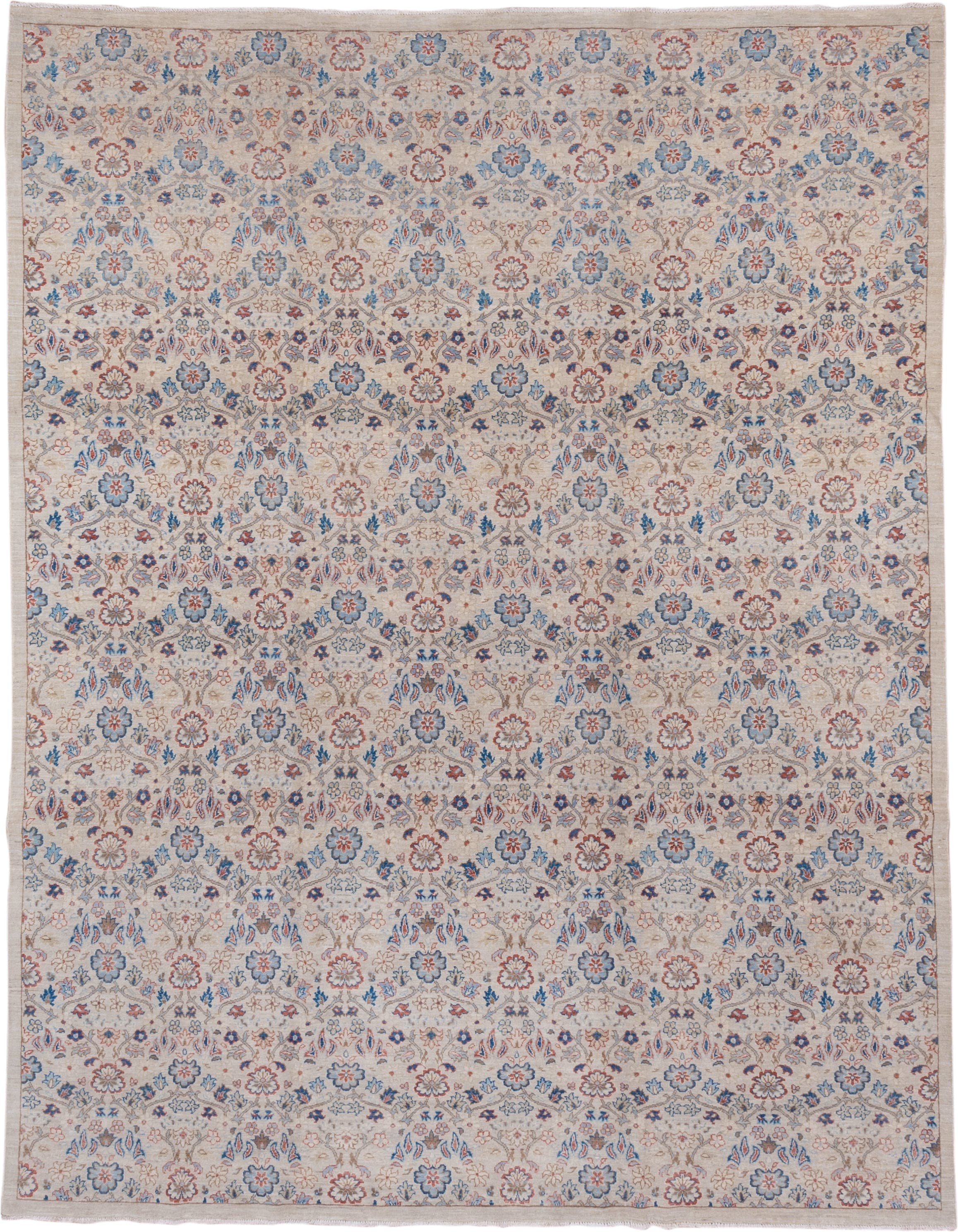8' x 10' one-of-a-kind handmade vintage Afghan large size rug. Color palette: ivory, sky_blue, taupe, rust, slate, rose