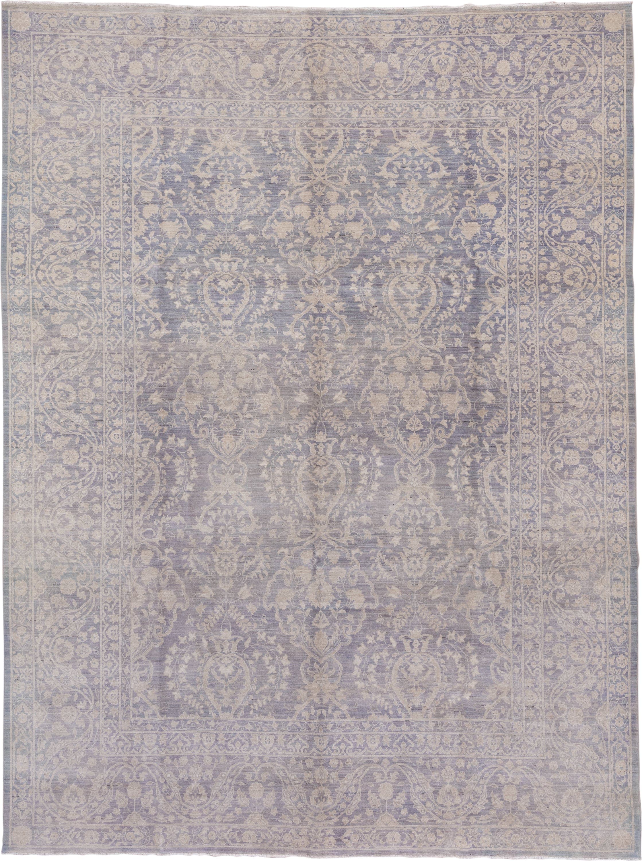 9' x 12' one-of-a-kind handmade vintage Afghan large size rug. Color palette: lavender, ivory, pale blue, taupe, light gray