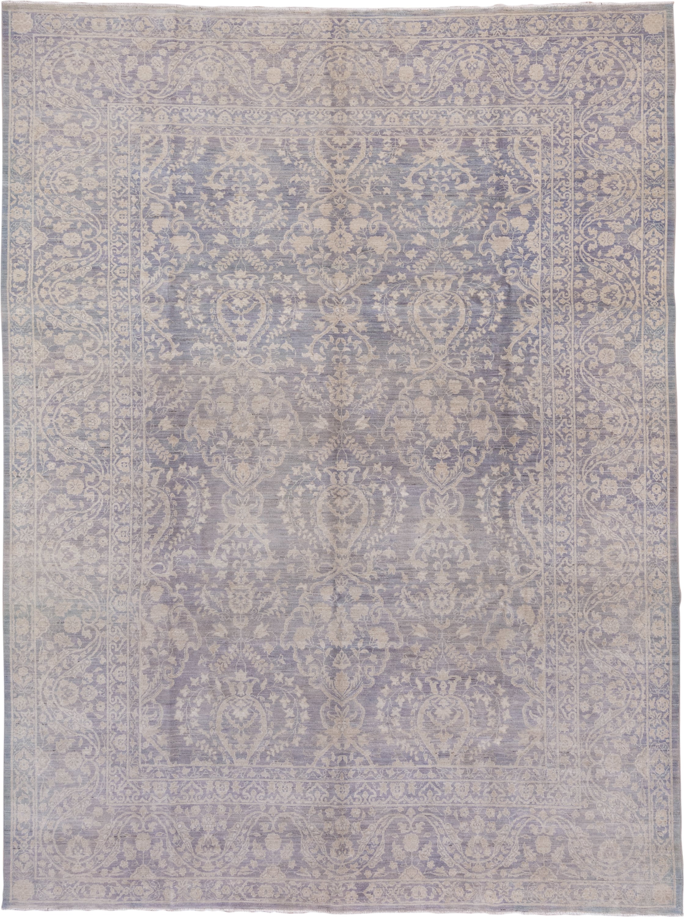 9' x 12' one-of-a-kind handmade vintage Afghan large size rug. Color palette: lavender, ivory, pale blue, taupe, light gray