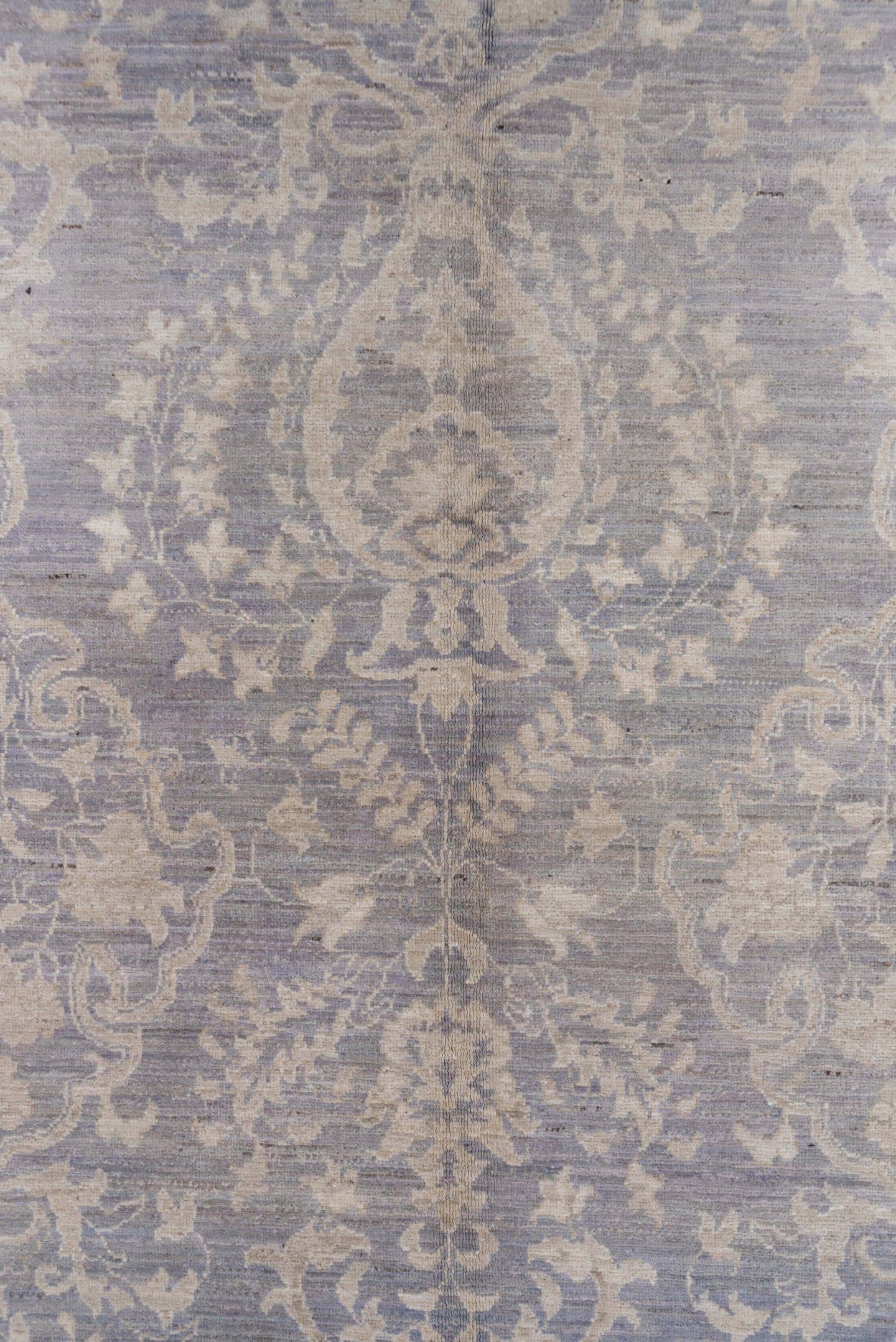 9' x 12' one-of-a-kind handmade vintage Afghan large size rug. Color palette: lavender, ivory, pale blue, taupe, light gray