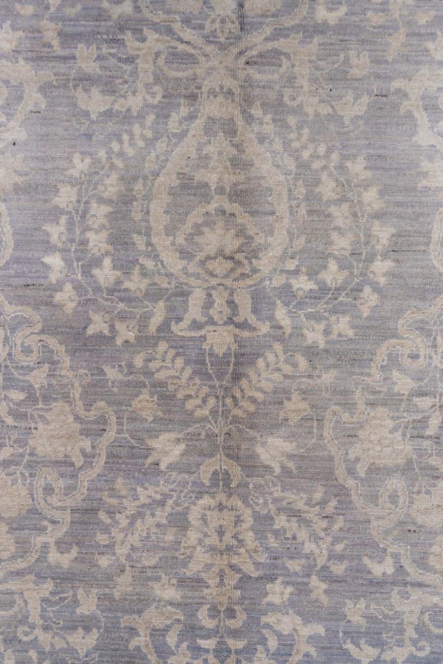 9' x 12' one-of-a-kind handmade vintage Afghan large size rug. Color palette: lavender, ivory, pale blue, taupe, light gray