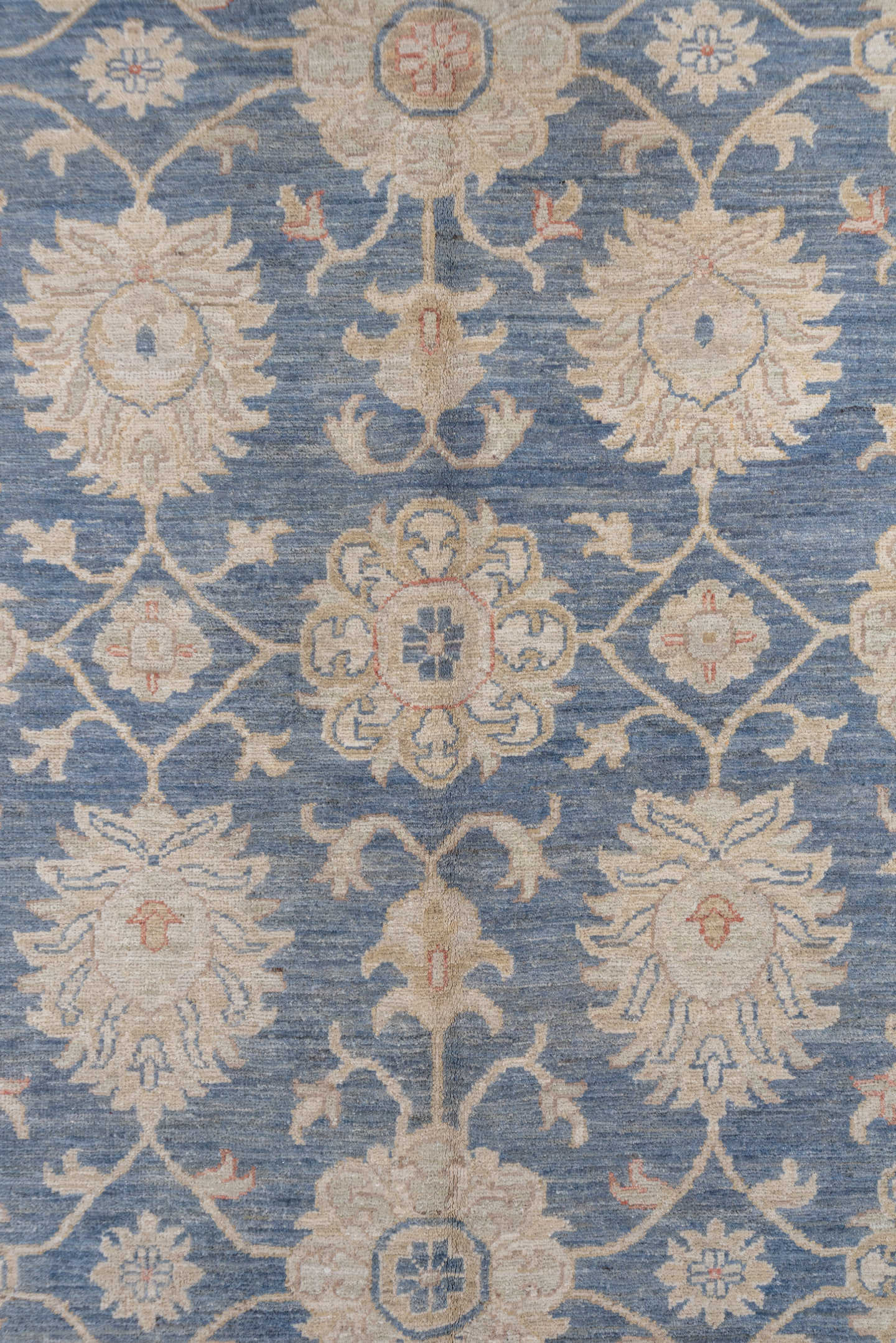 9' x 12' one-of-a-kind handmade vintage Afghan large size rug. Color palette: ivory, blue, beige, taupe, camel, slate