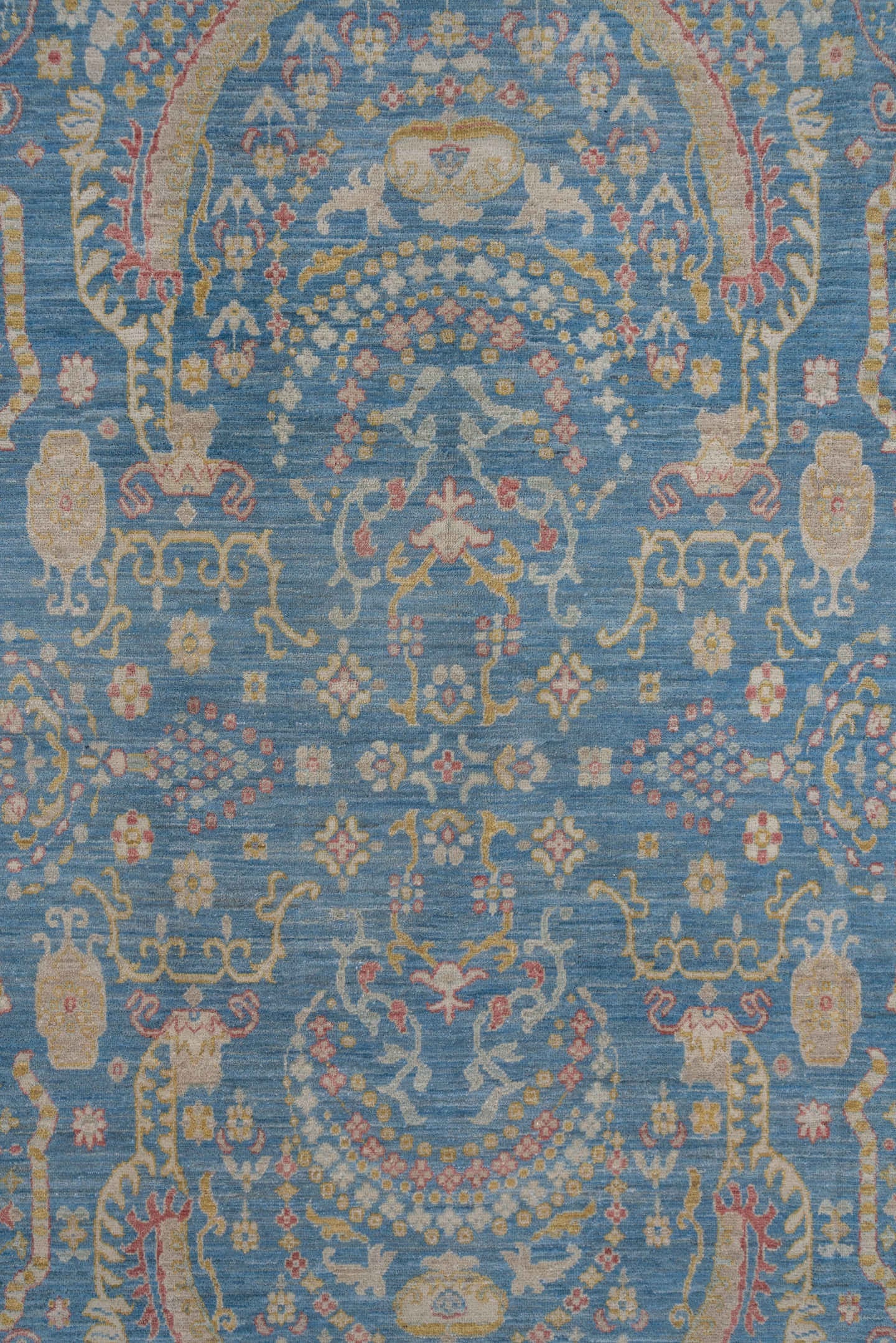 8' x 12' one-of-a-kind handmade vintage Afghan large size rug. Color palette: sky blue, ivory, gold, blush, beige, taupe