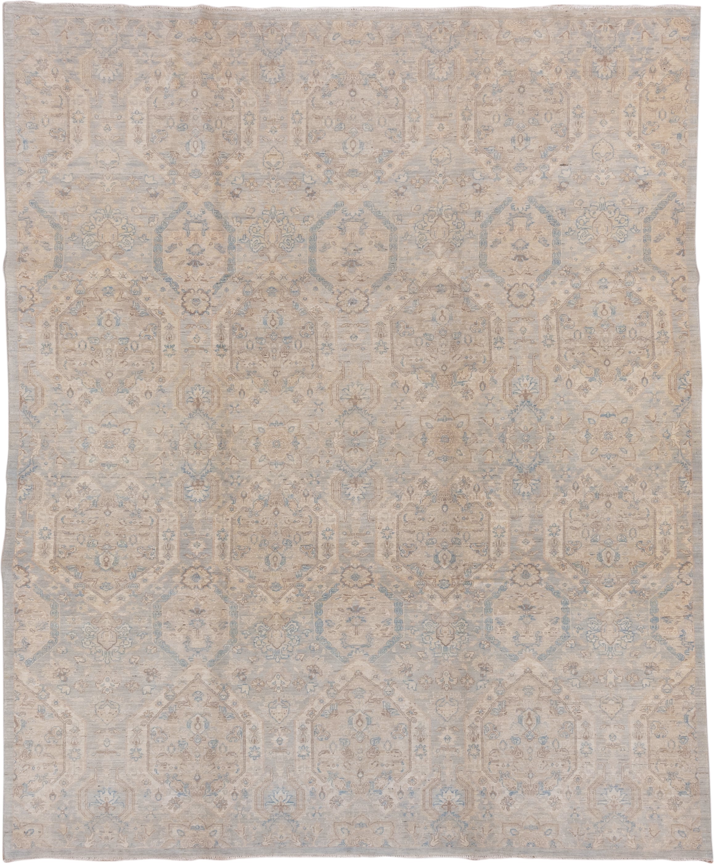 8' x 9' one-of-a-kind handmade vintage Afghan rug. Color palette: ivory, light blue, beige, taupe, cream, pale gray, gray