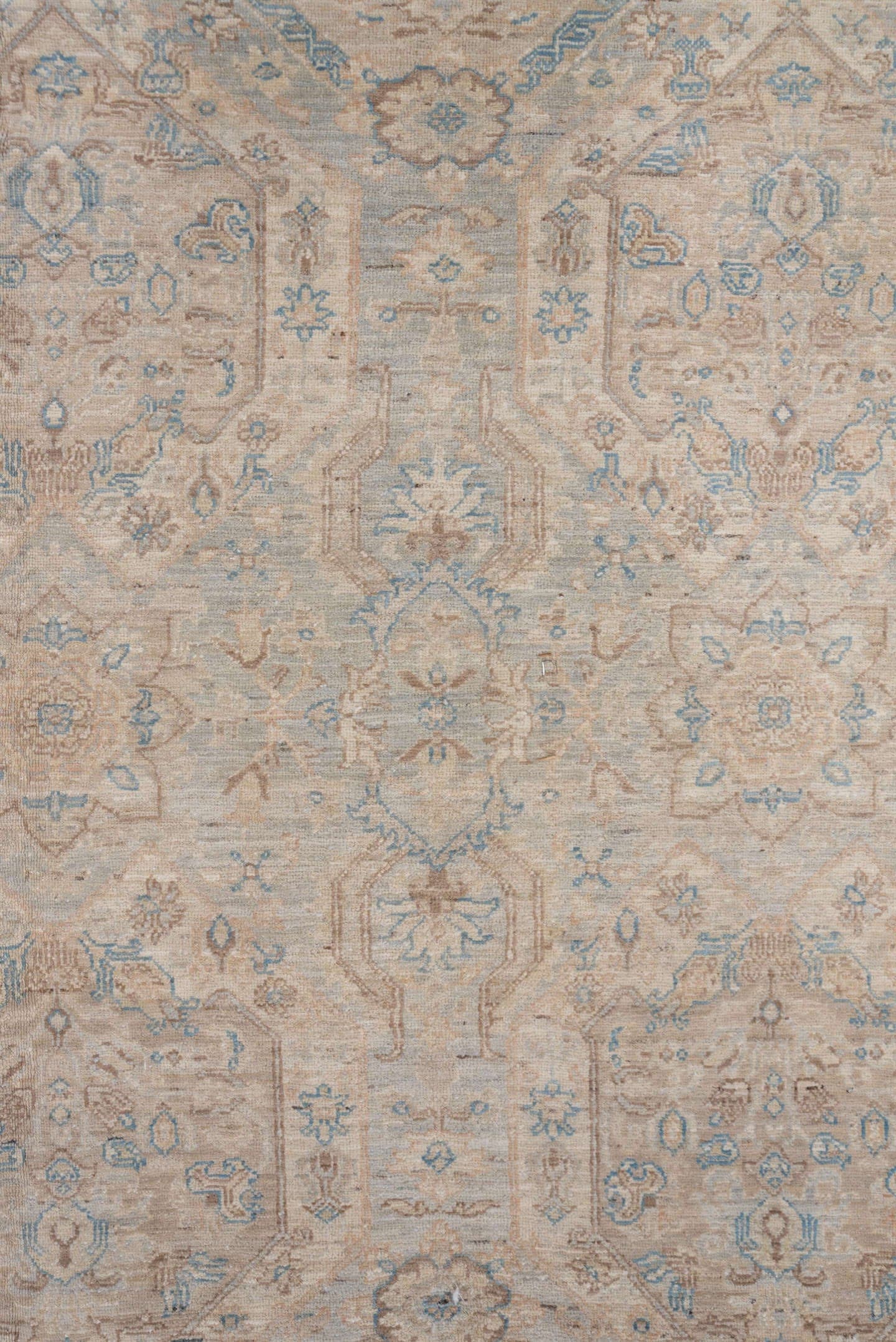 8' x 9' one-of-a-kind handmade vintage Afghan rug. Color palette: ivory, light blue, beige, taupe, cream, pale gray, gray