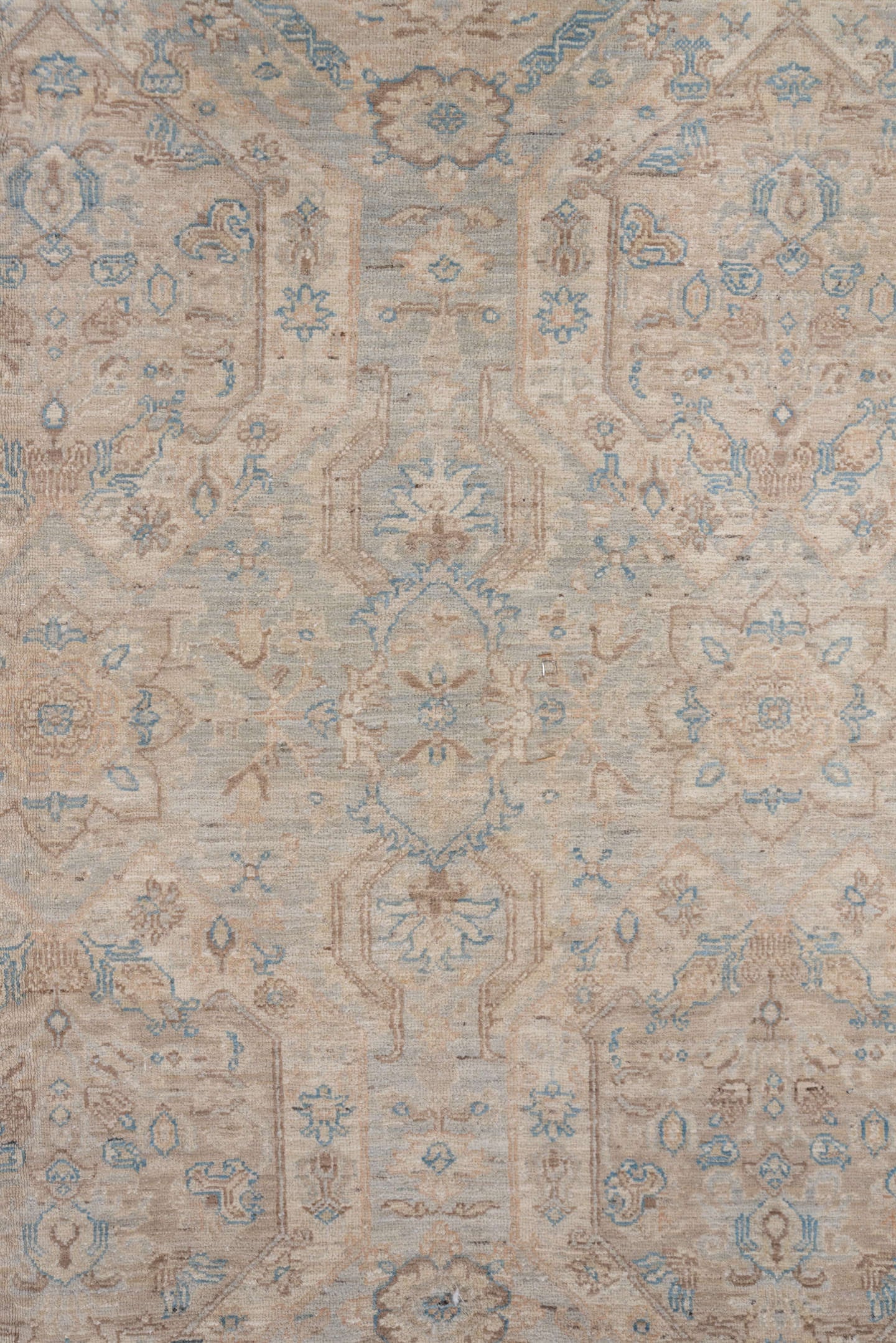 8' x 9' one-of-a-kind handmade vintage Afghan rug. Color palette: ivory, light blue, beige, taupe, cream, pale gray, gray