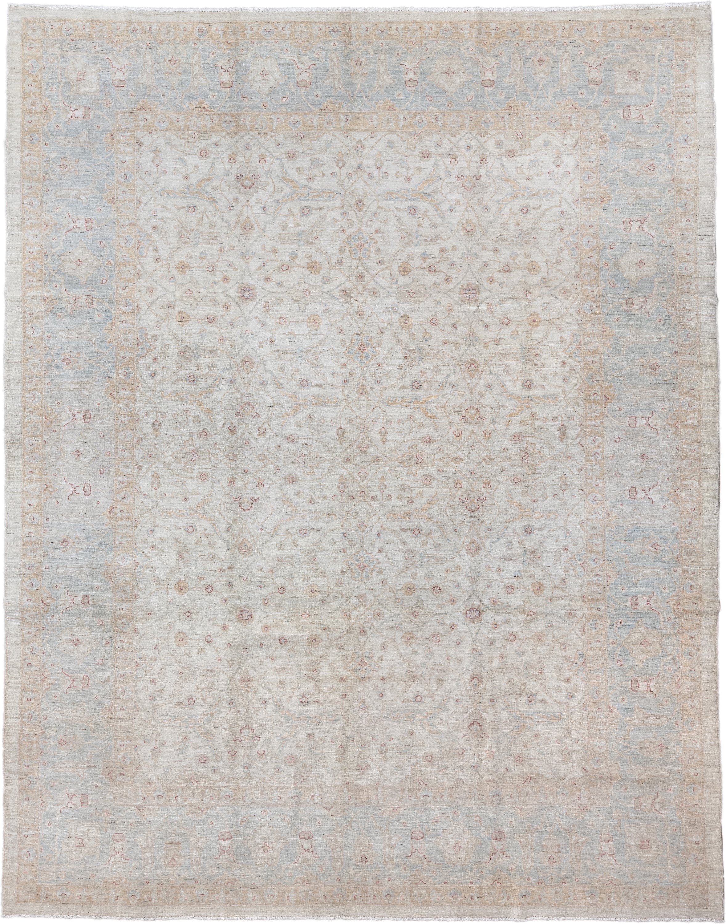 9' x 11' one-of-a-kind handmade vintage Afghan large size rug. Color palette: ivory, pale blue, beige, blush, taupe