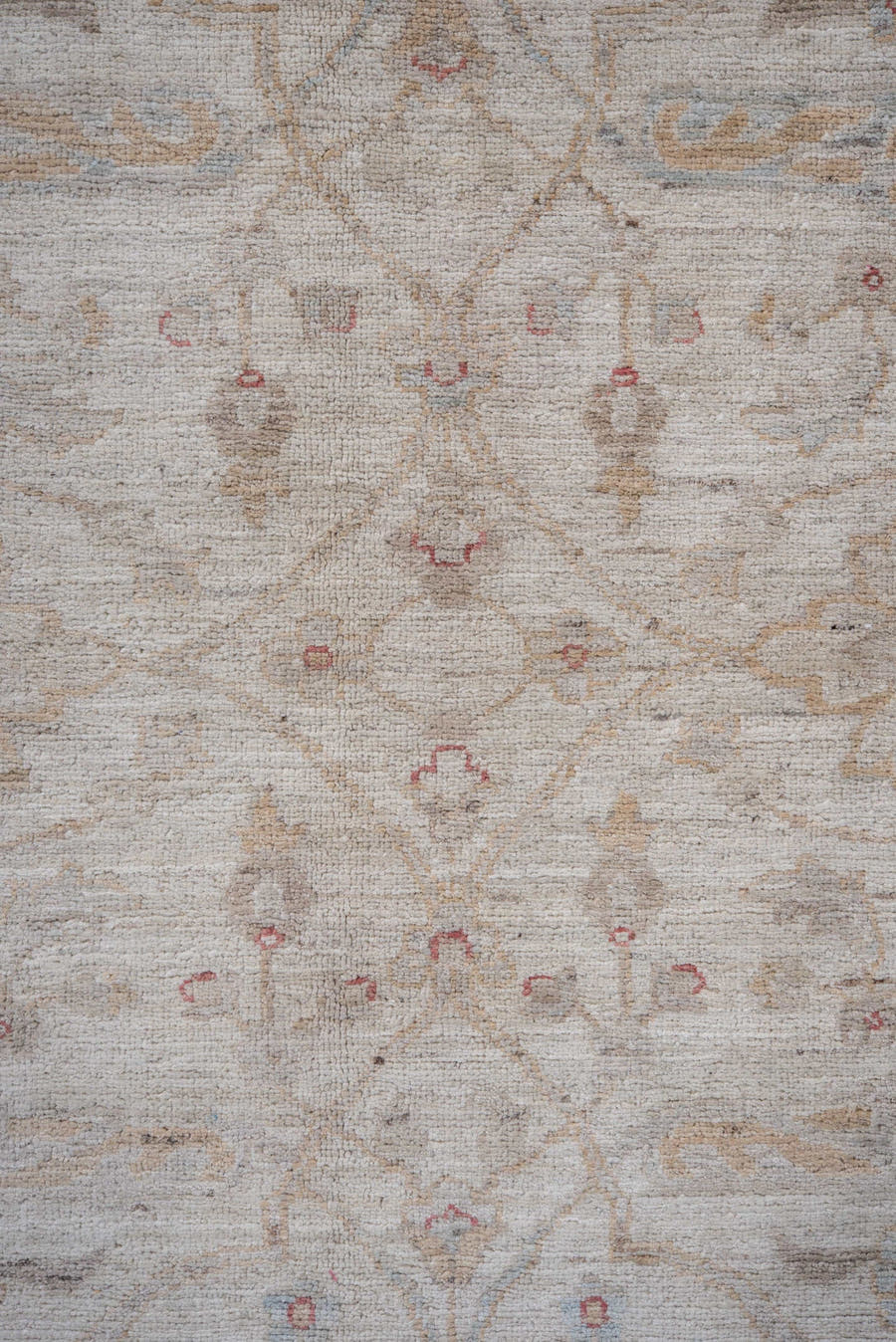 9' x 11' one-of-a-kind handmade vintage Afghan large size rug. Color palette: ivory, pale blue, beige, blush, taupe