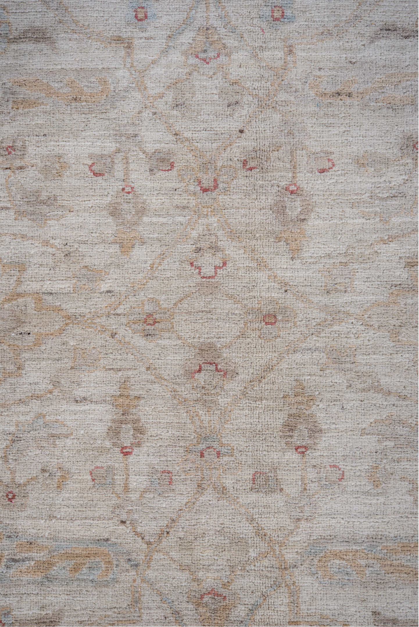 9' x 11' one-of-a-kind handmade vintage Afghan large size rug. Color palette: ivory, pale blue, beige, blush, taupe