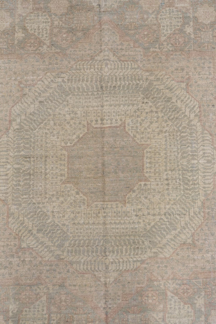 8' x 10' one-of-a-kind handmade vintage Afghan large size rug. Color palette: taupe, dusty blue, ivory, blush, beige, sage