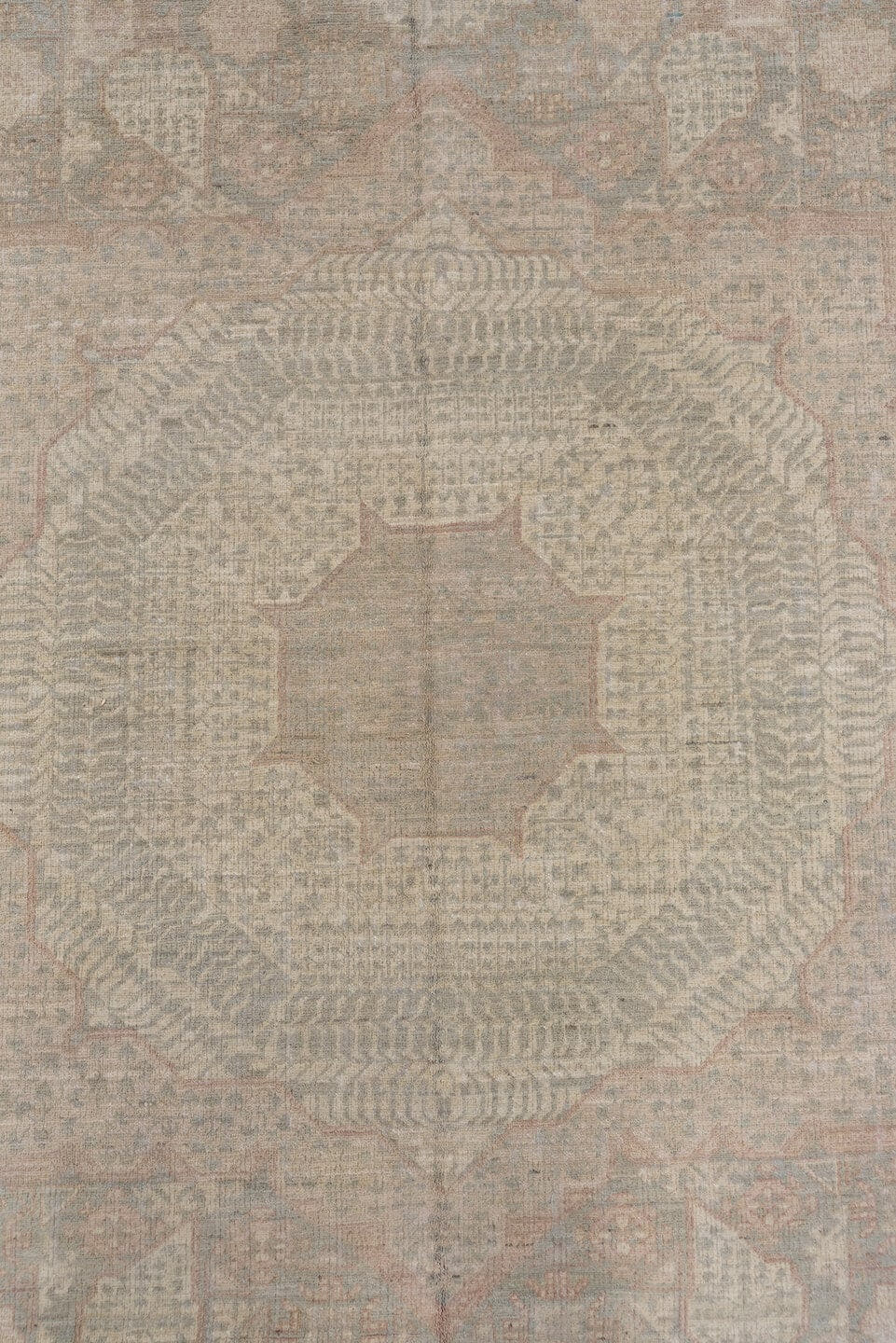 8' x 10' one-of-a-kind handmade vintage Afghan large size rug. Color palette: taupe, dusty blue, ivory, blush, beige, sage